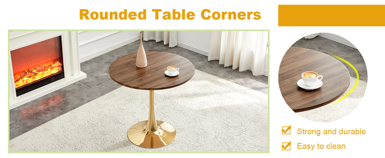 Feature graphic titled rounded table corners with the walnut table by a fireplace and a cup zoom inset