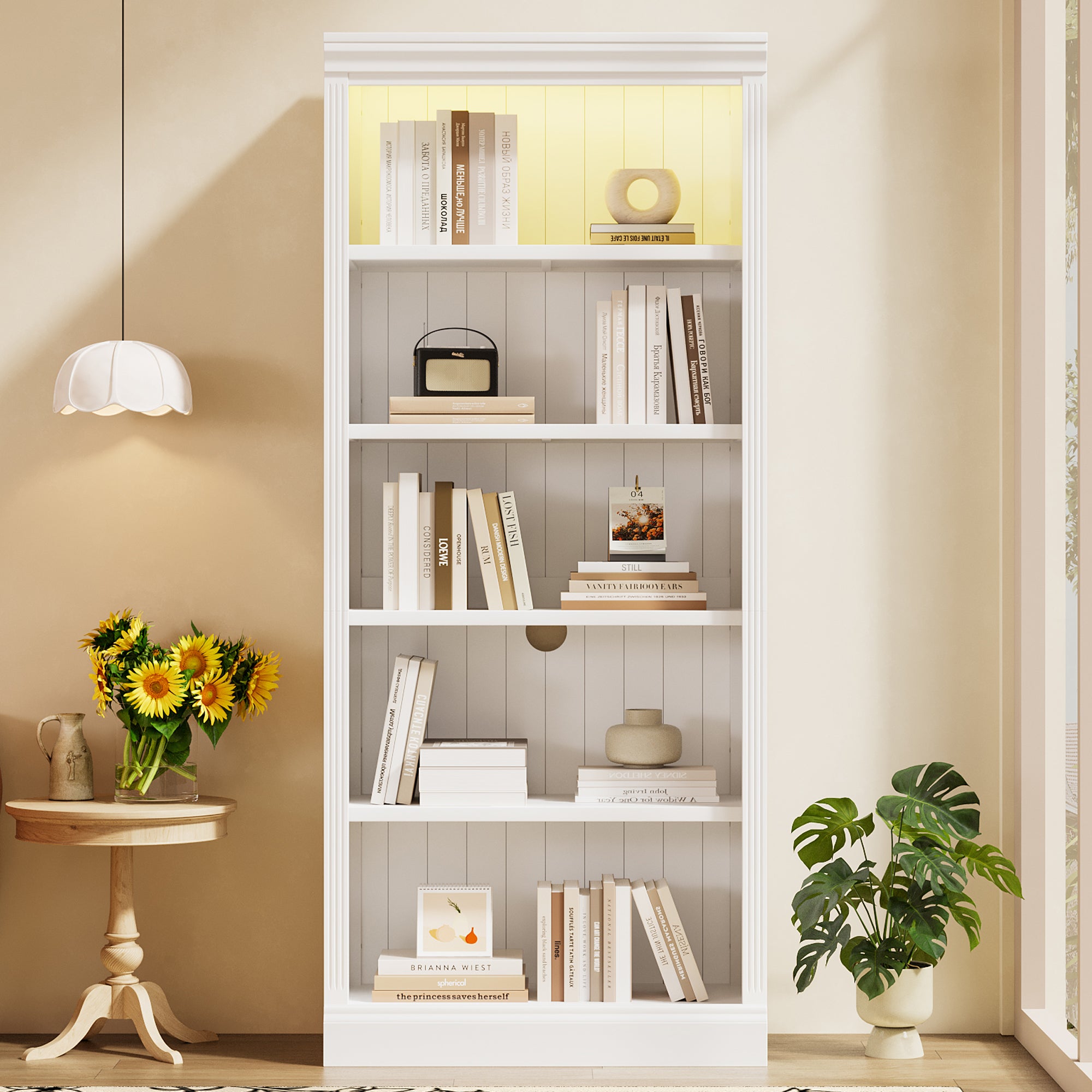 Bookcase with Adjustable Shelves and LED Lighting, 35.8 in, White