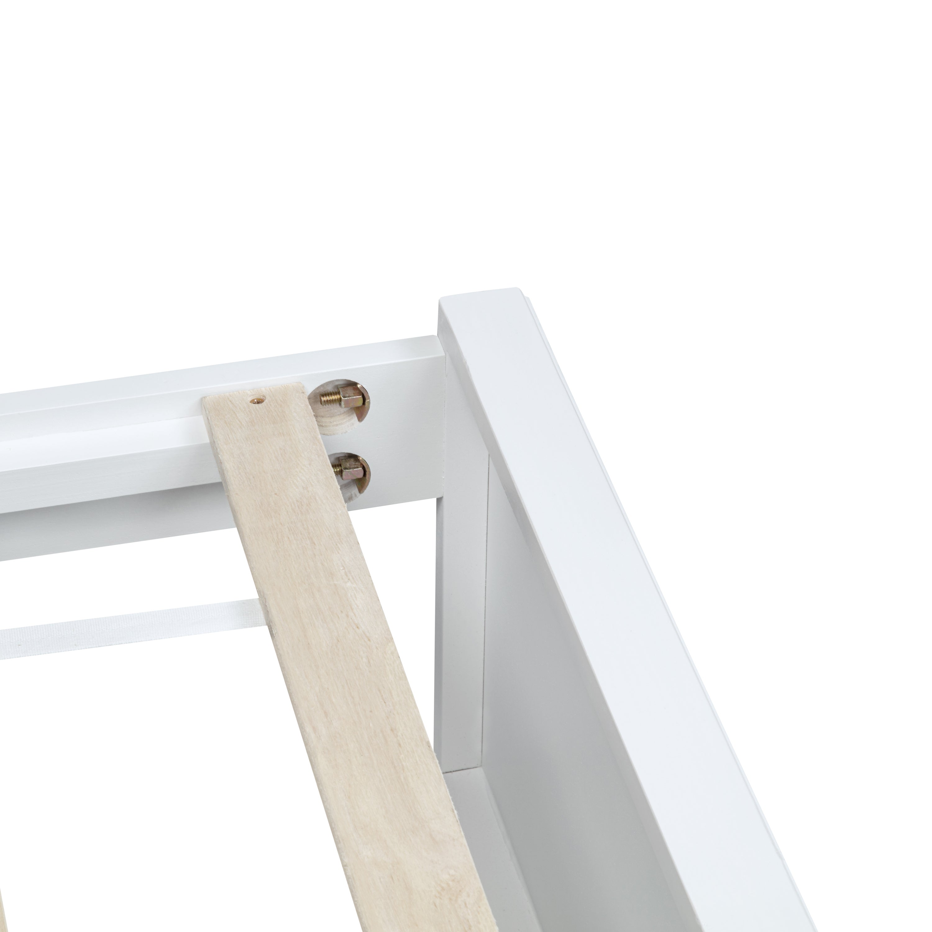 Detail of a wood slat bolted to the white side rail with an anti-slip strap #Color_White