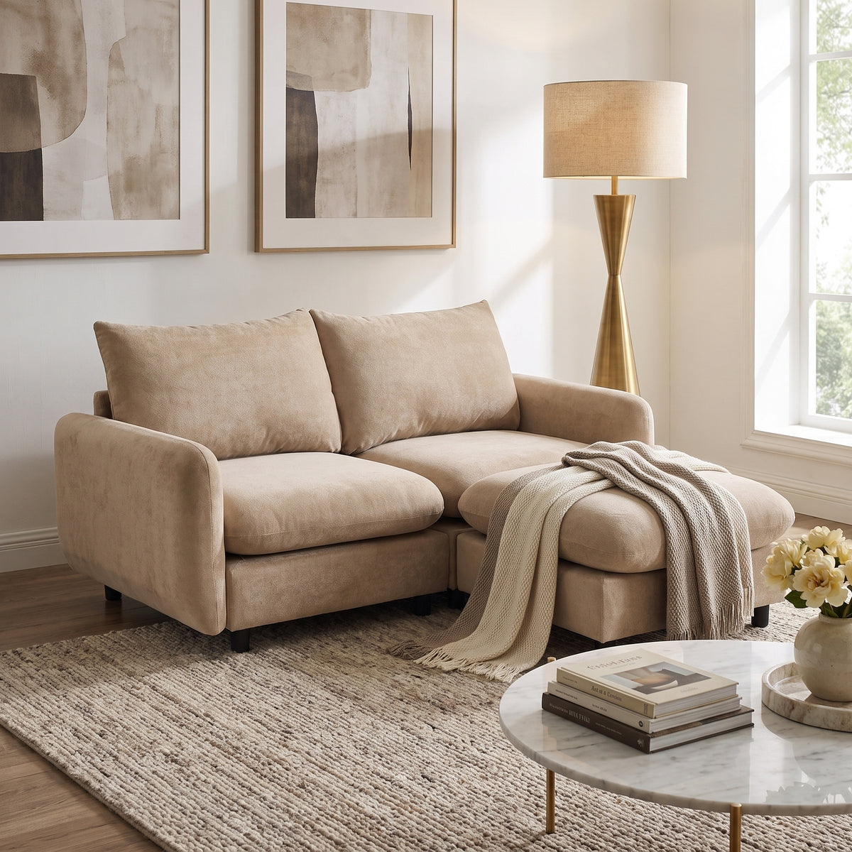 Velvet L-Shaped Modular Sectional Couch with Ottoman, 69 in Wide