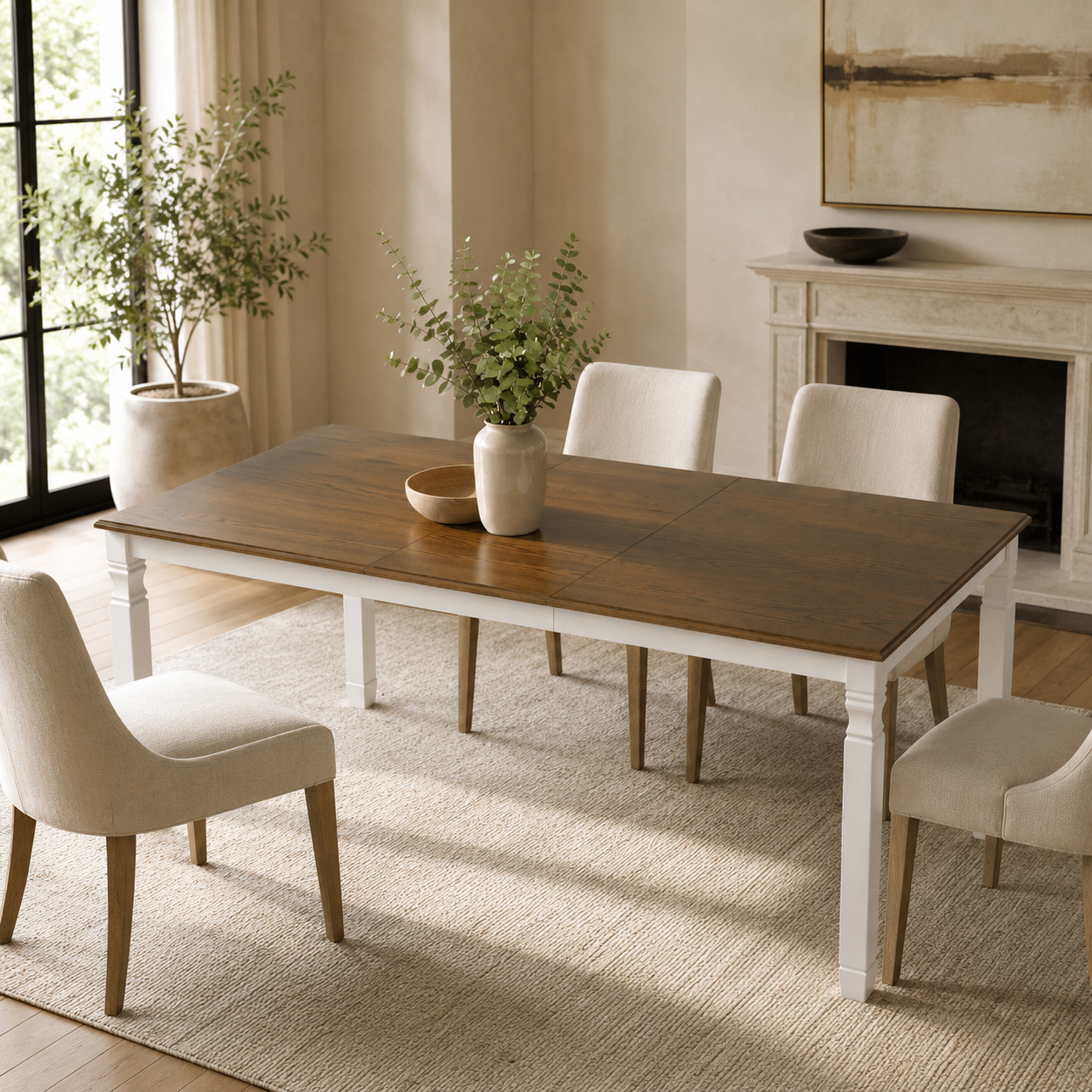 Farmhouse Extendable Dining Table, Brown - Oak Veneer, Beige Base
