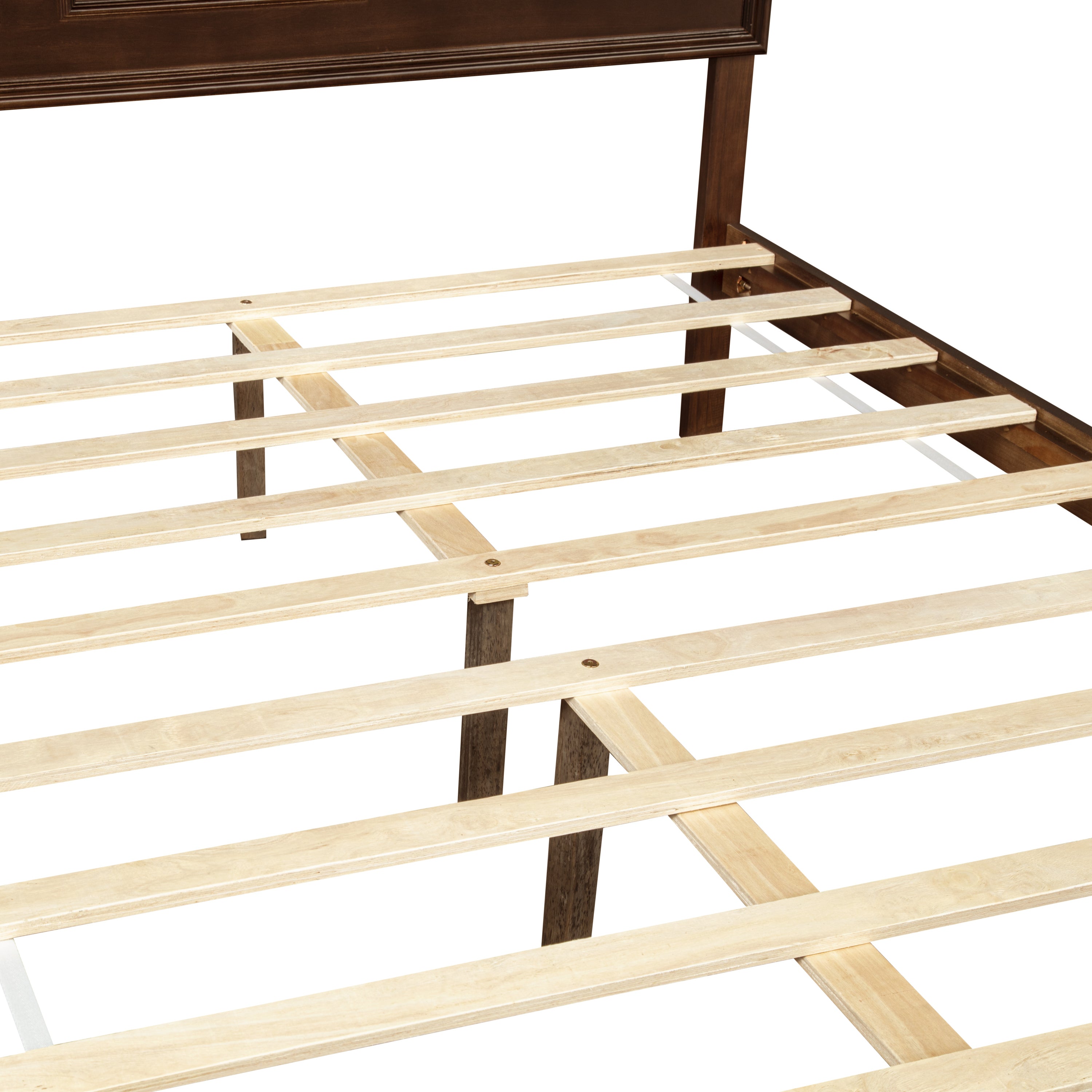 Closeup of rich brown bed frame rail with light wood slats and center support #Color_Rich Brown