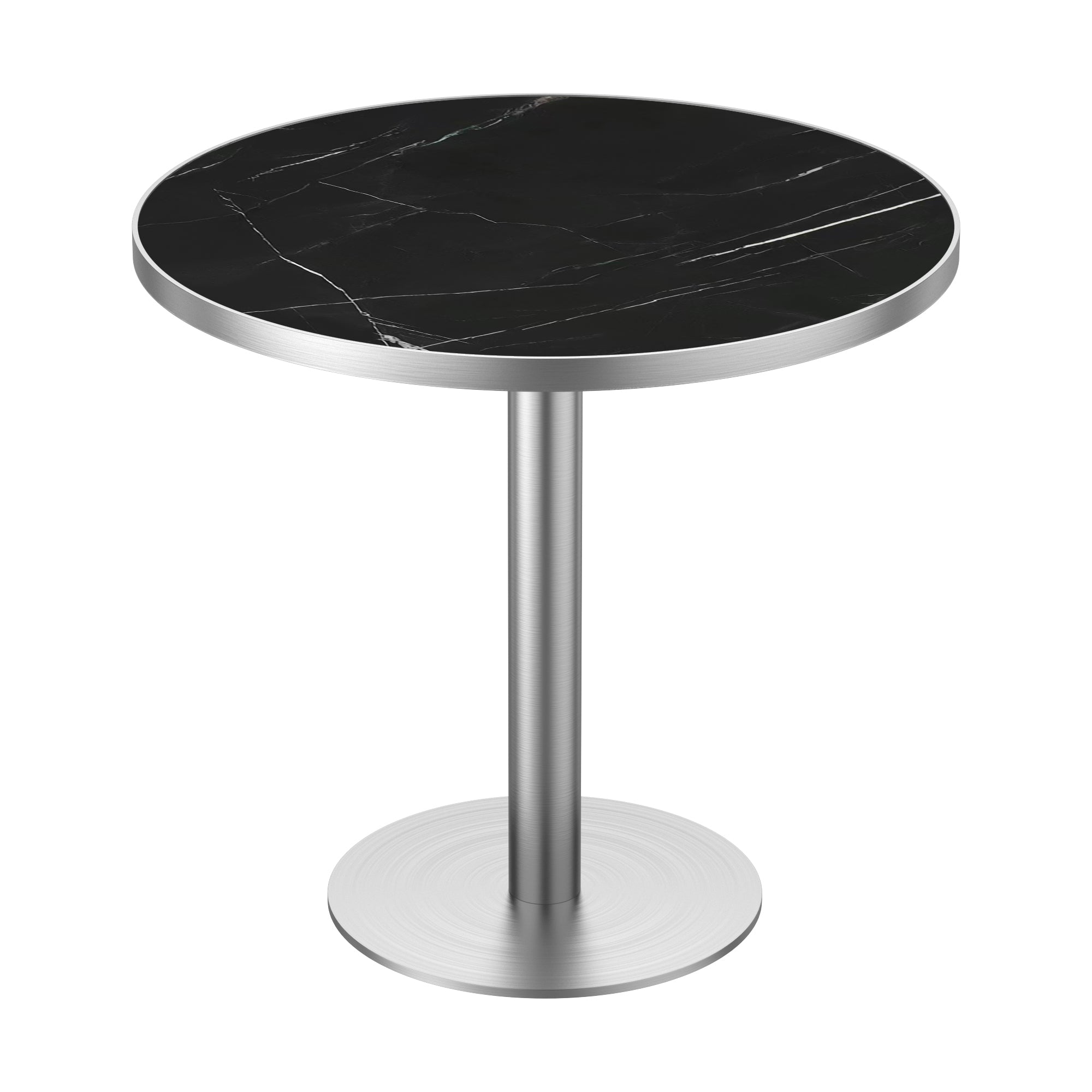 Black marble-look sintered stone round dining table with silver rim and stainless steel column base, white background