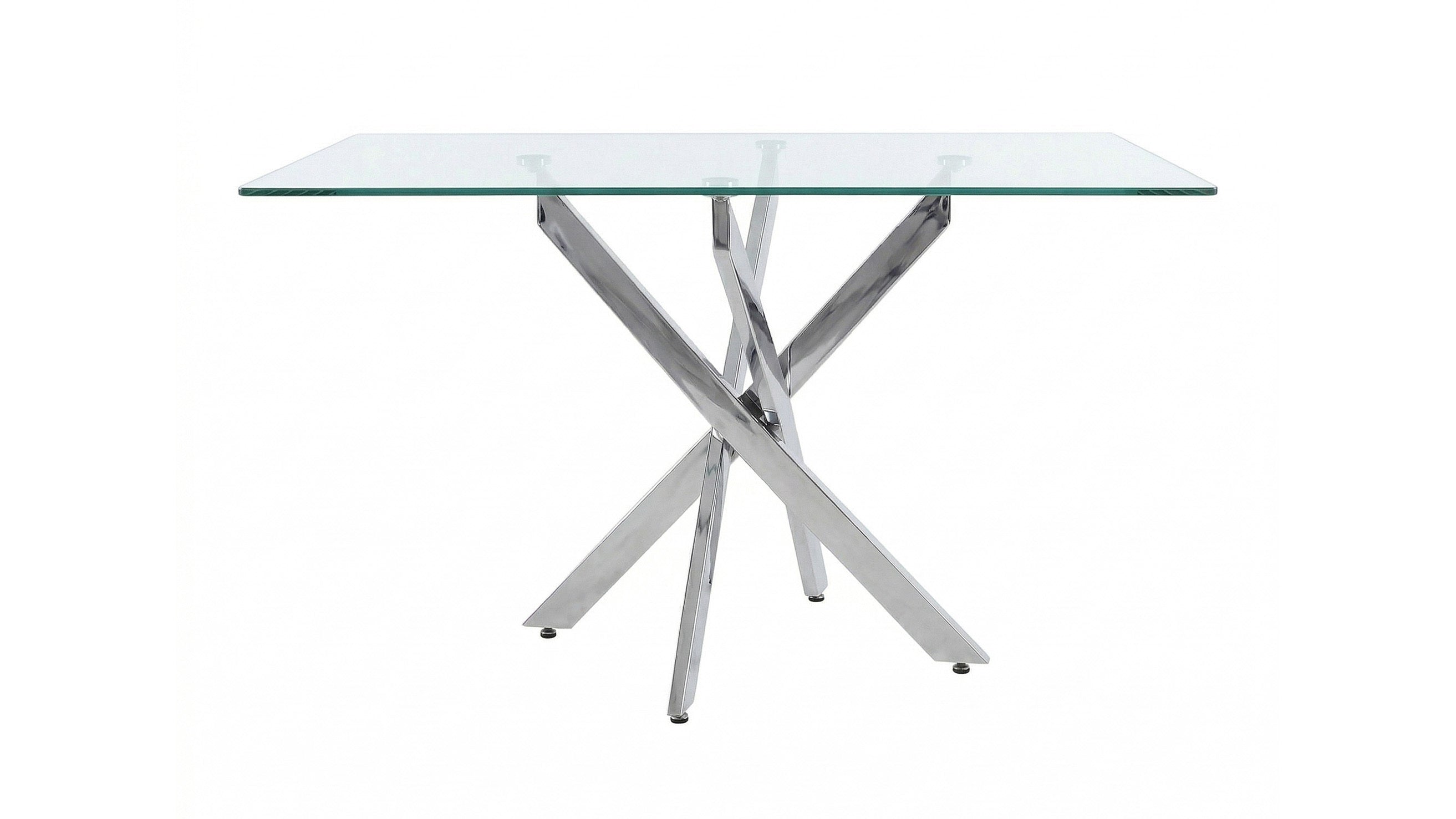 Front elevation studio view of the glass dining table with chrome-finish silver legs