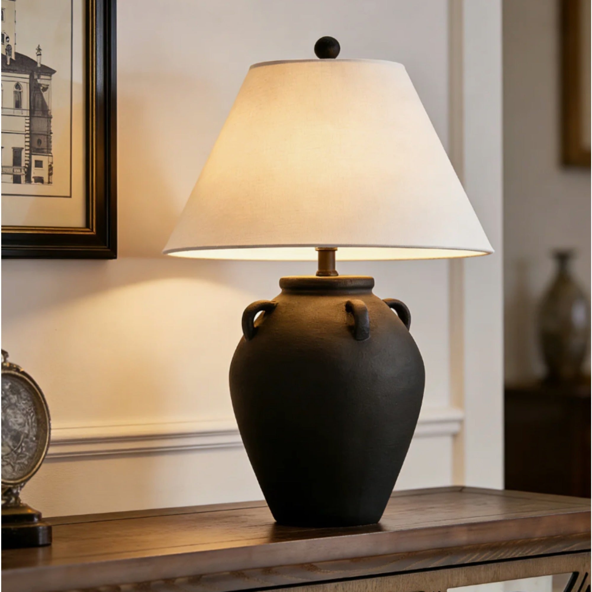 Table Lamp with Ceramic Base and White Shade, Dimmable, Black