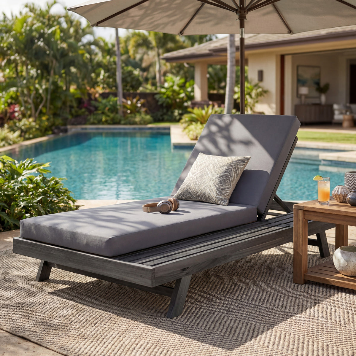 Black Solid Wood Outdoor Chaise Lounge, Dark Gray Cushion