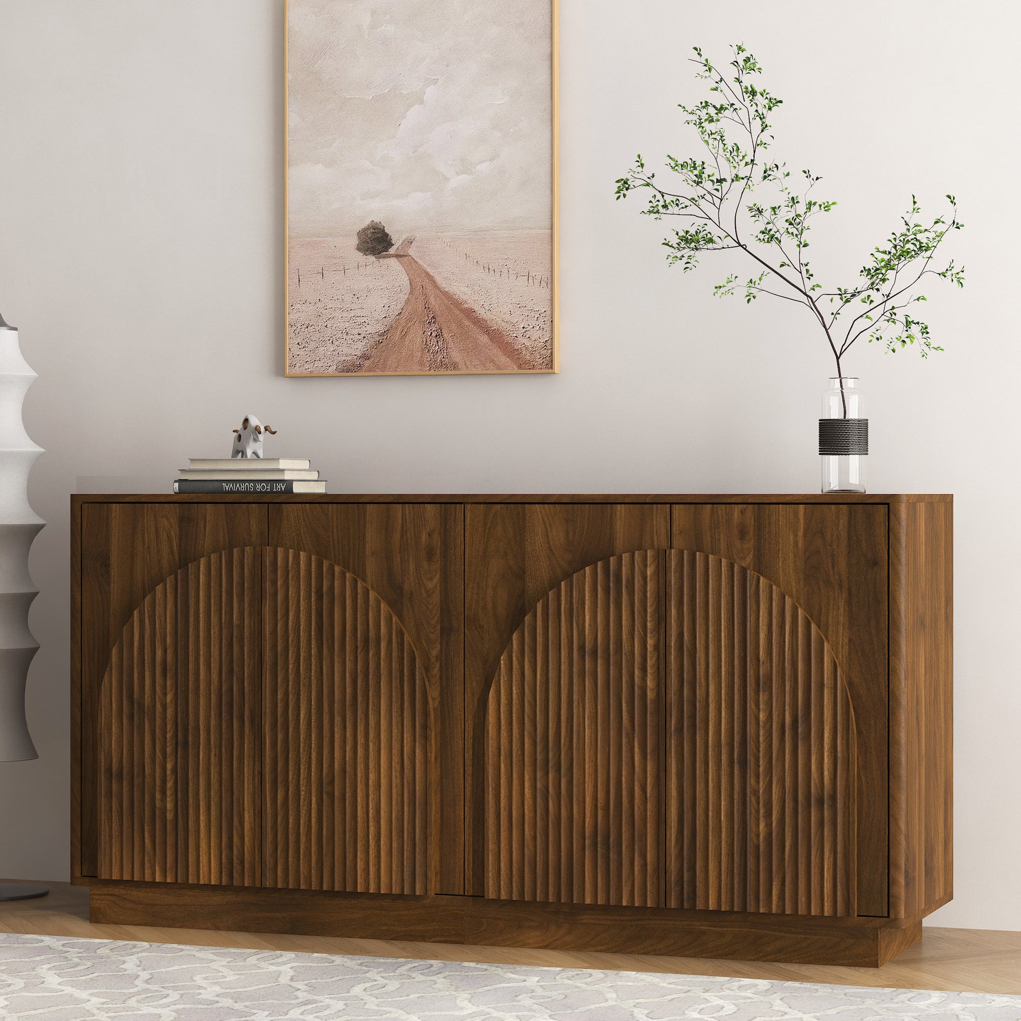 Walnut Arched Fluted Sideboard 65 in, 4 Doors & Adjustable Shelves