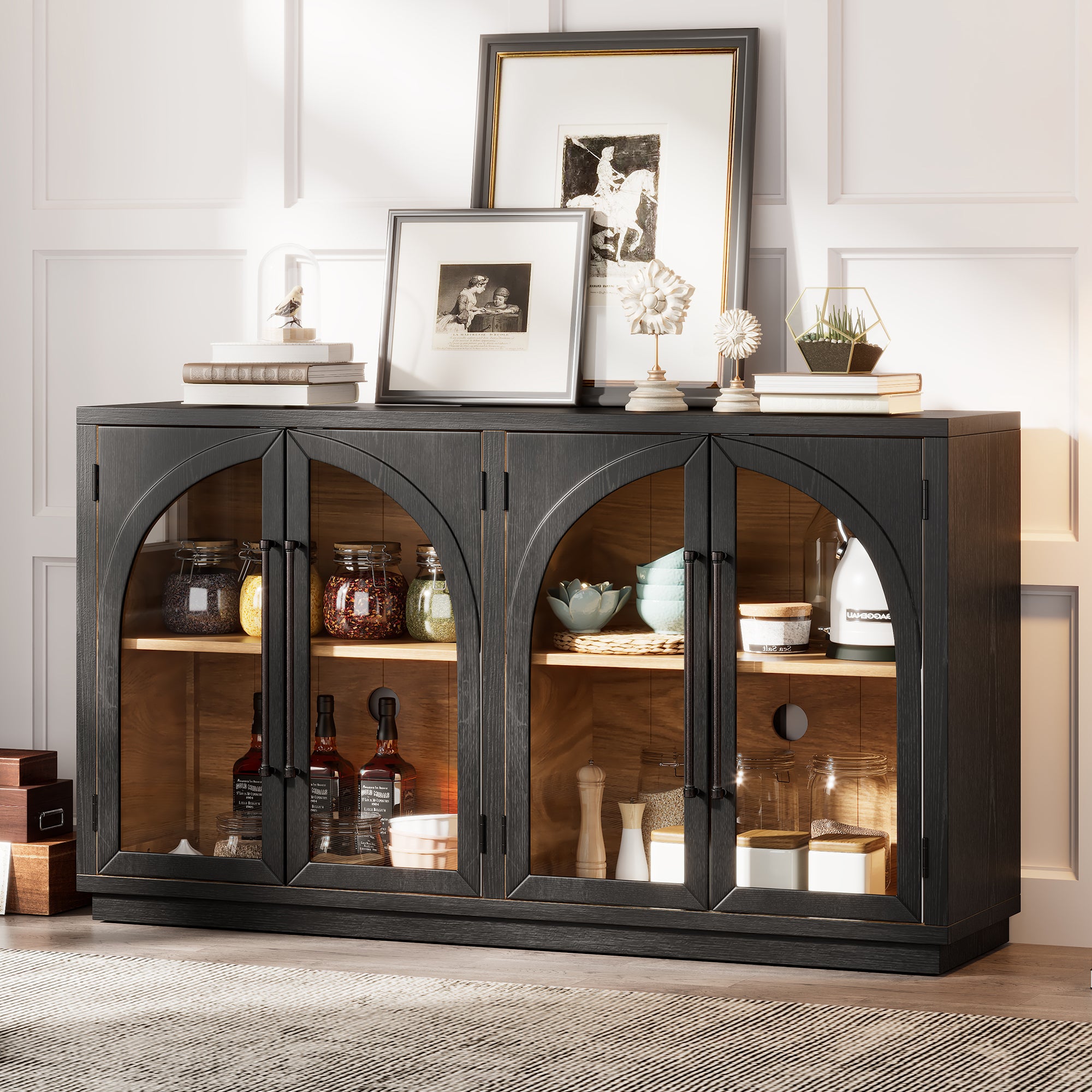 Arched Glass Sideboard Buffet, 60 in Black, 4 Doors