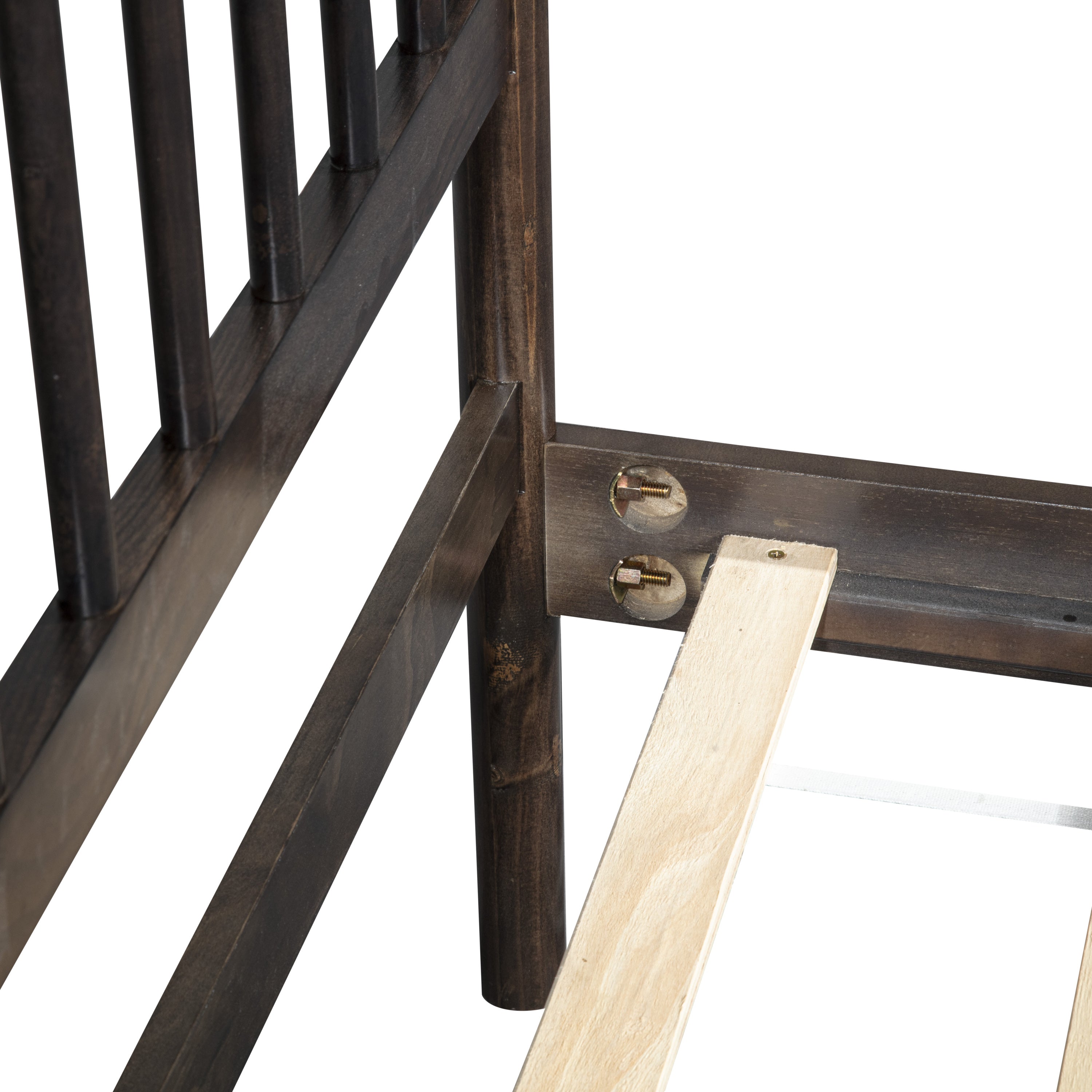 Close-up of a corner joint on the brown bed frame showing bolt hardware and a wood support slat #Color_Brown