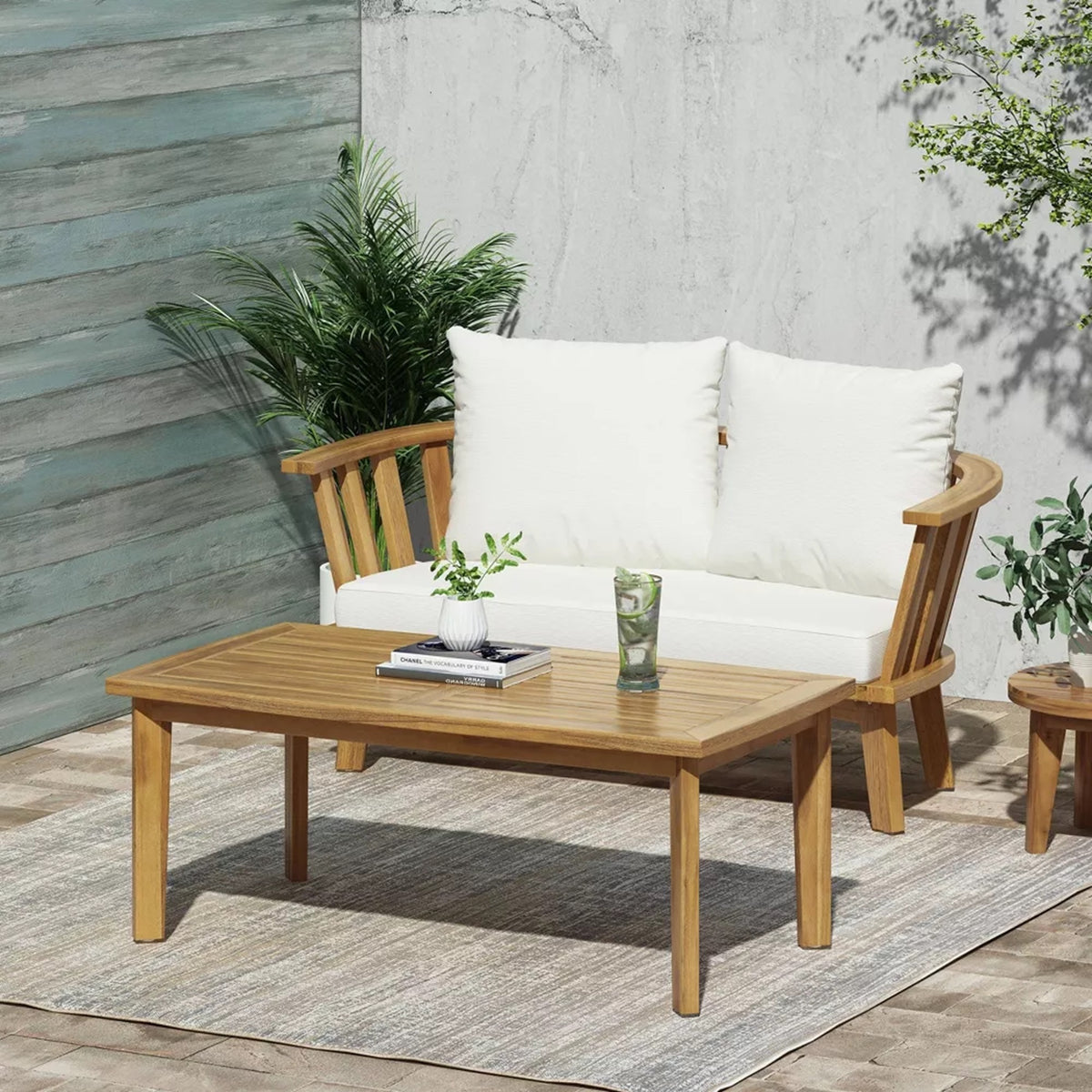 Teak Finish Solid Wood Patio Conversation Set for 2 with Cushions