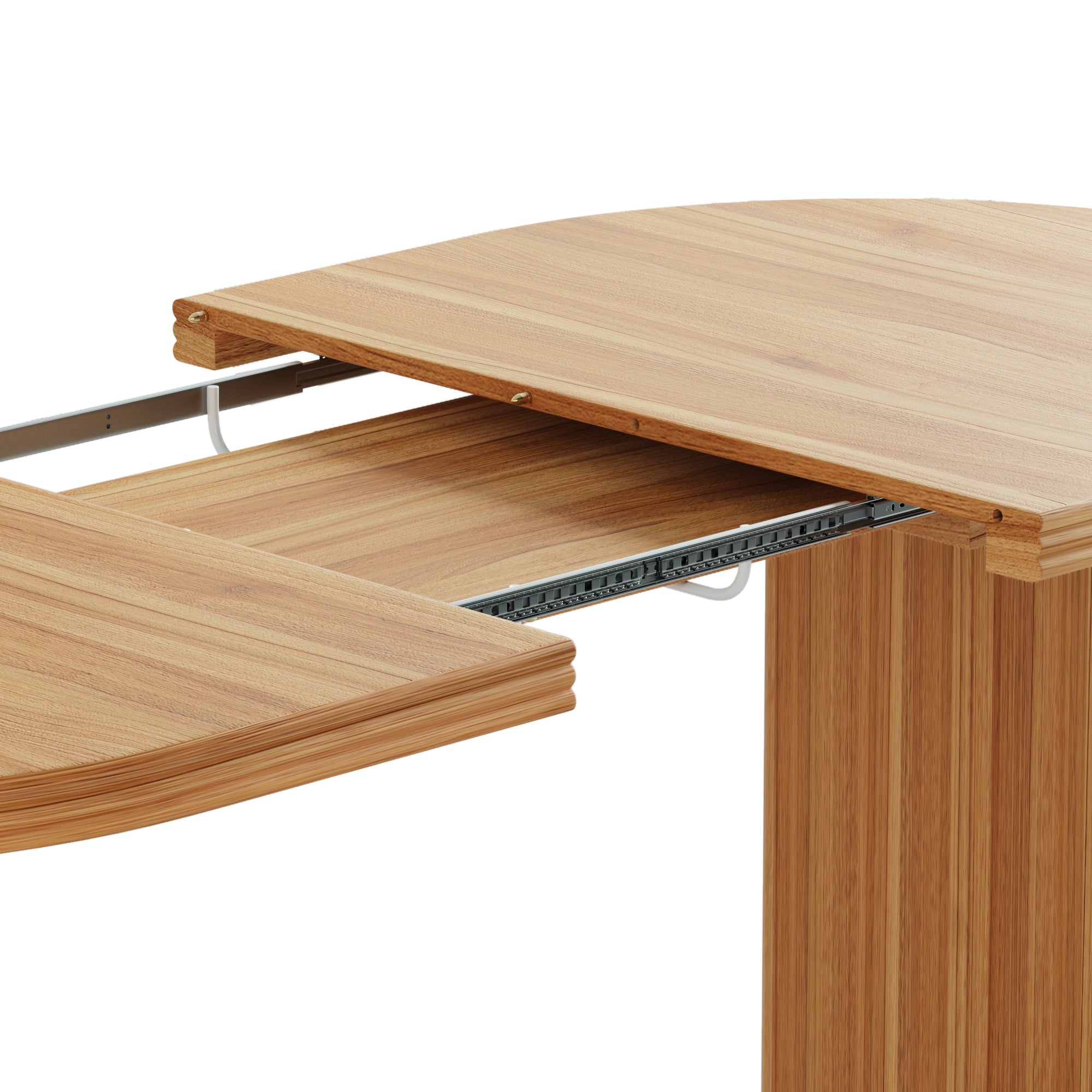 Close-up studio view of the extension slide rails with the removable leaf