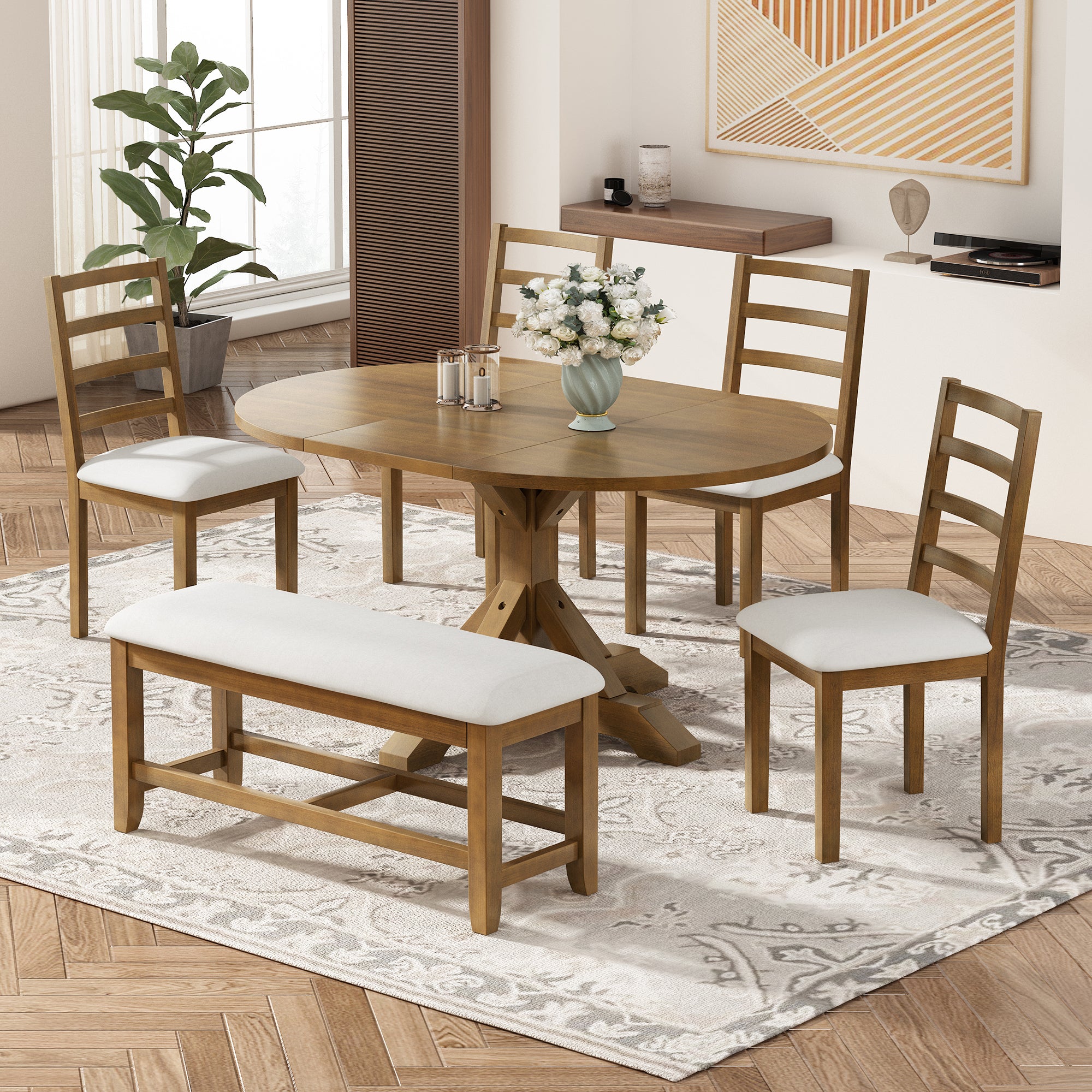 6-Piece Extendable Dining Set, Brown Oval Table, 4 Chairs and Bench