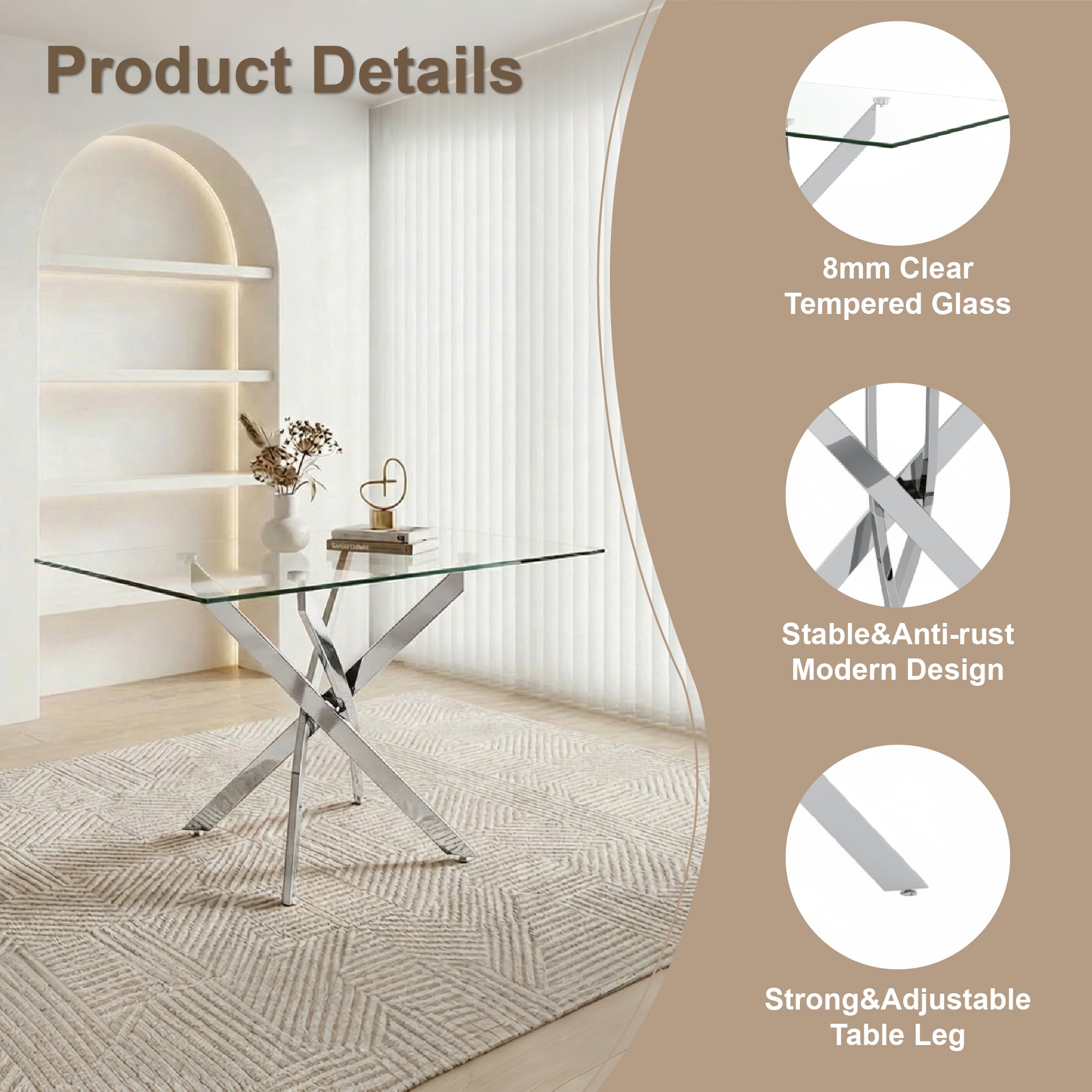 Feature graphic detailing the 8mm tempered glass top and anti-rust silver legs