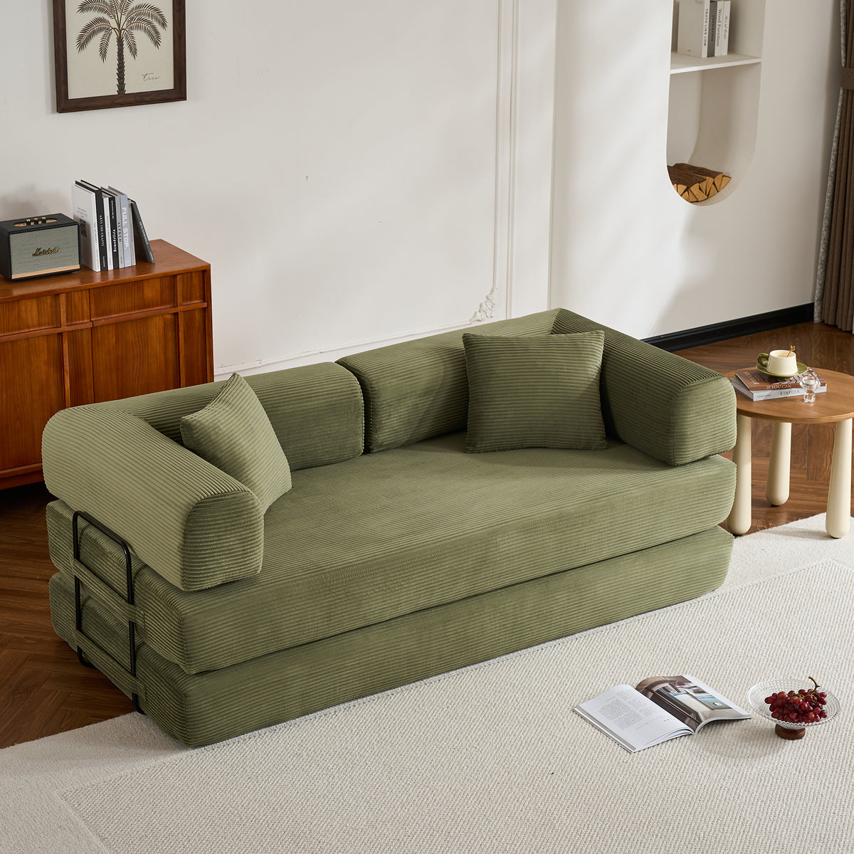Green Corduroy 2-Seat Sleeper Sofa, 78 in Wide