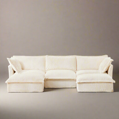 Fluffy Corduroy 3-Seat Sofa – Cream with 2 Ottomans, Washable