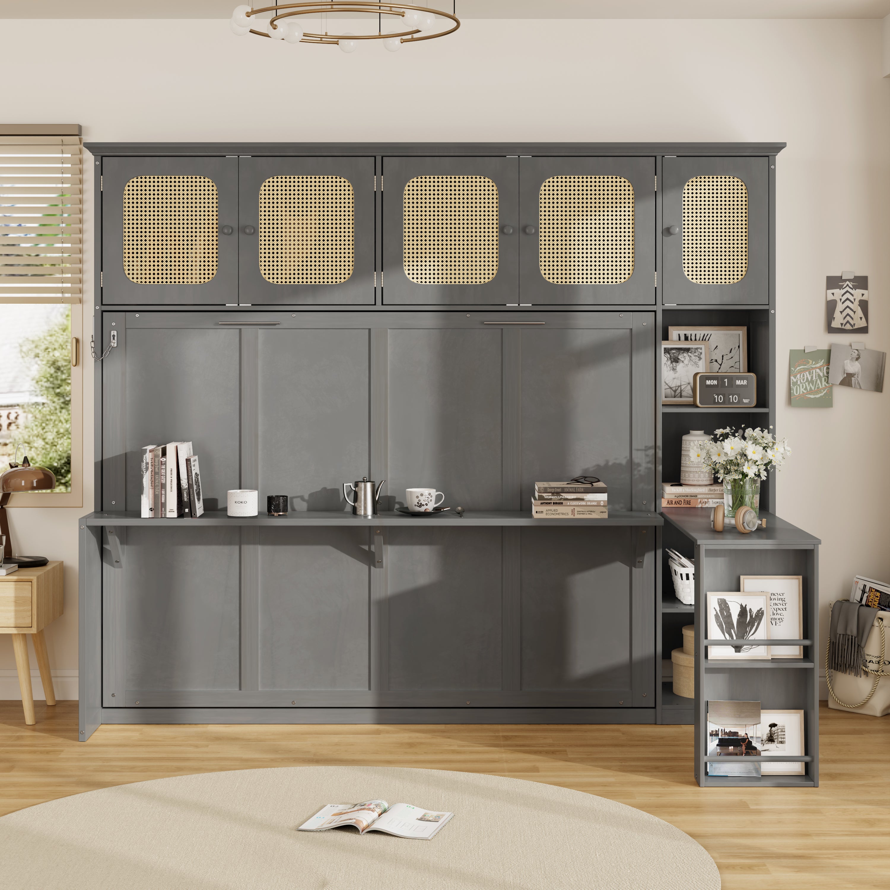 Murphy Bed with Desk and Rattan Cabinets, Antique Gray