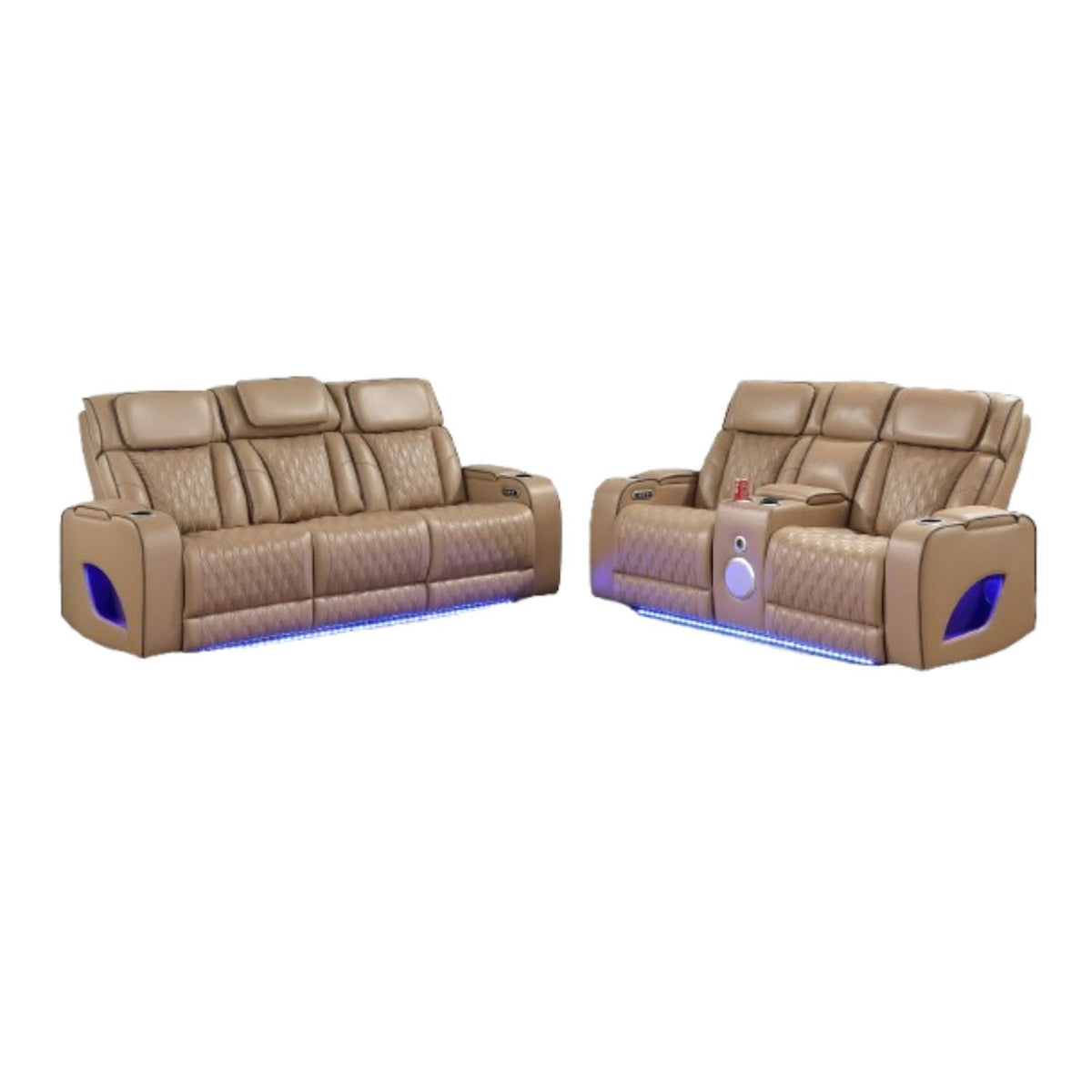 Caramel Vegan Leather Power Reclining Sofa and Loveseat Set, Massage