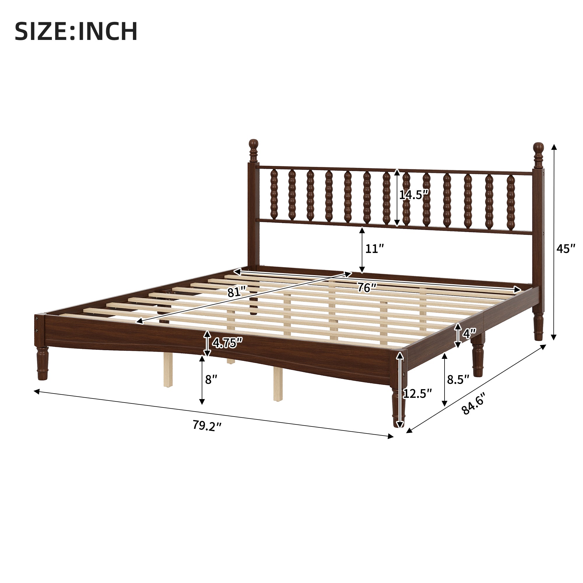 Walnut king bed frame headboard close-up with bedding and nightstands