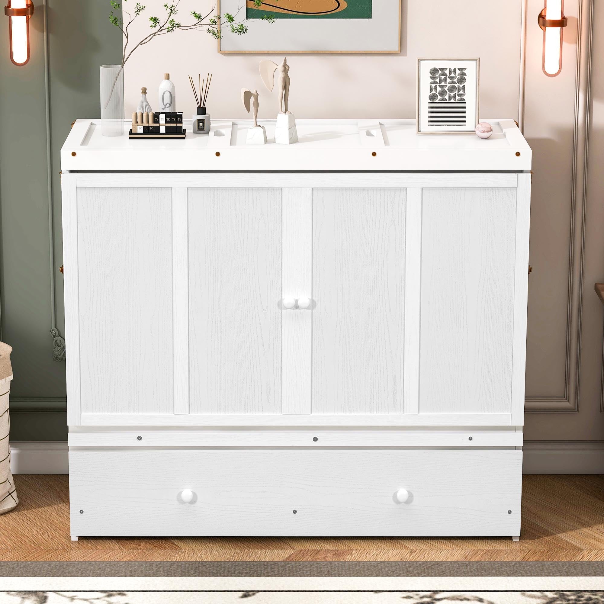 Full Murphy Bed Cabinet with Large Drawer & USB Port, White