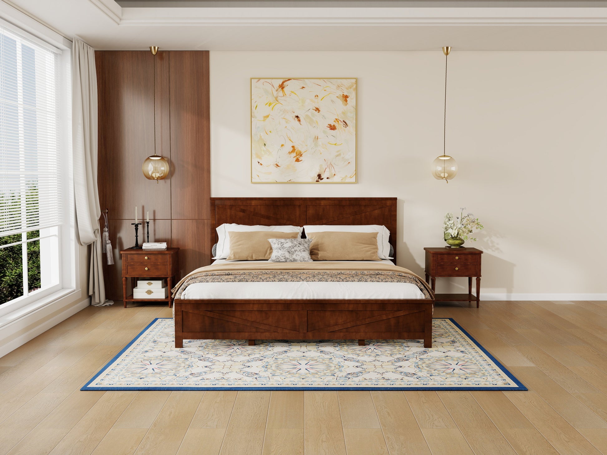 Farmhouse walnut king bed frame, angled bedroom view with pendant lights