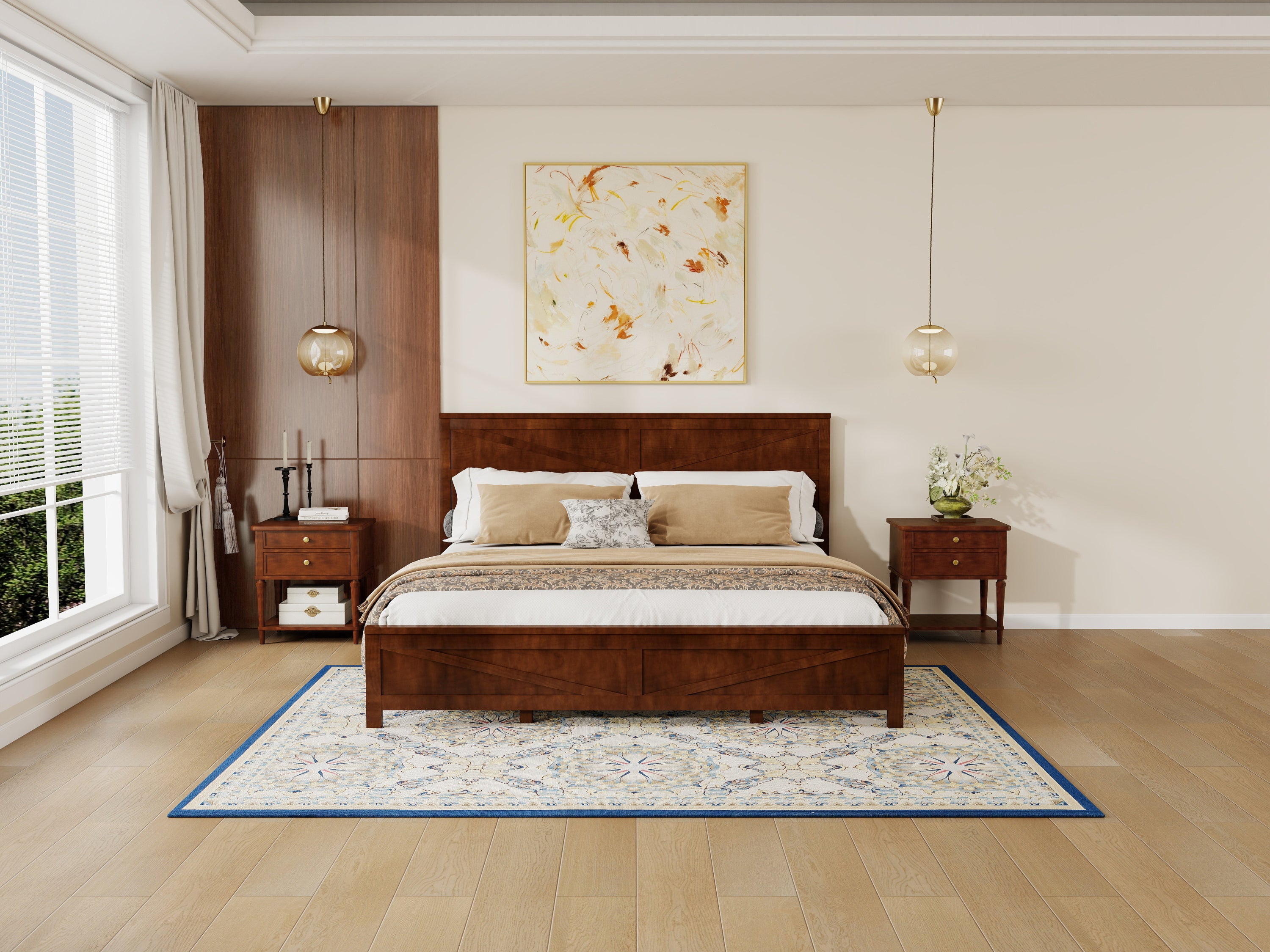 Farmhouse walnut king bed frame, angled bedroom view with pendant lights