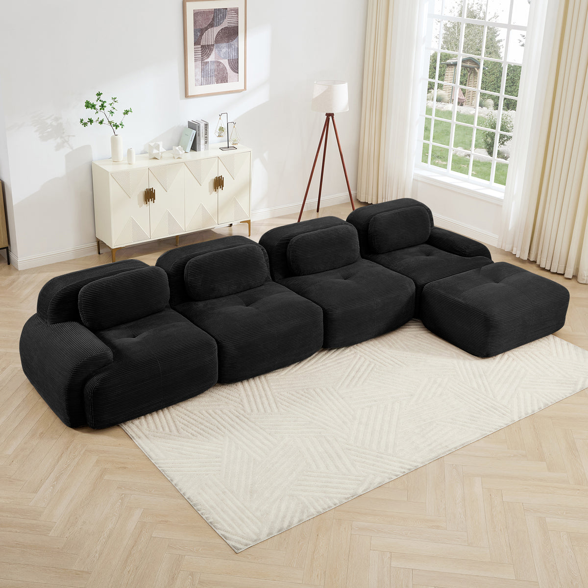 Black Corduroy L-Shaped Modular Sectional Couch