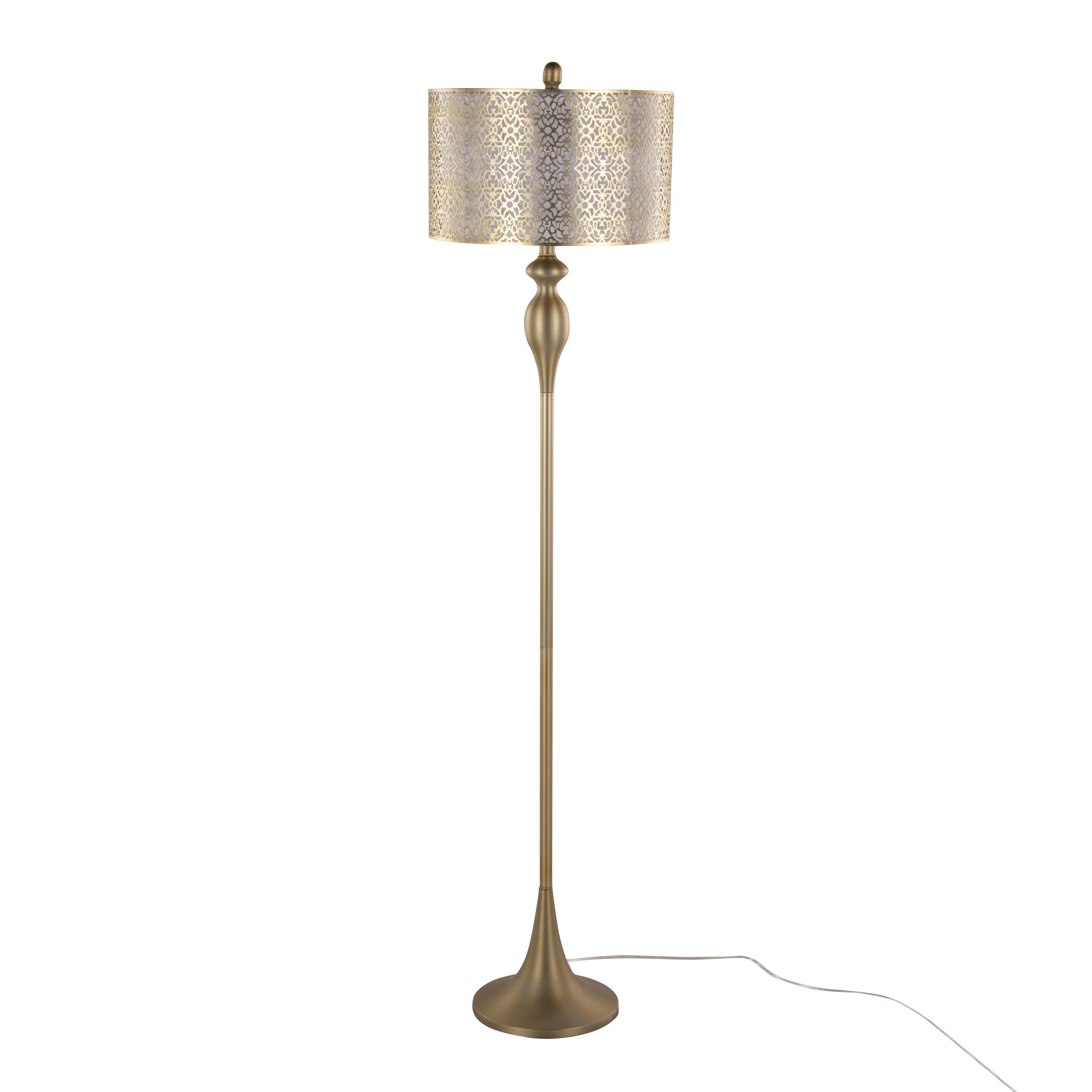 Floor Lamp with Laser-Cut Metal and Linen Shade, Gold Finish
