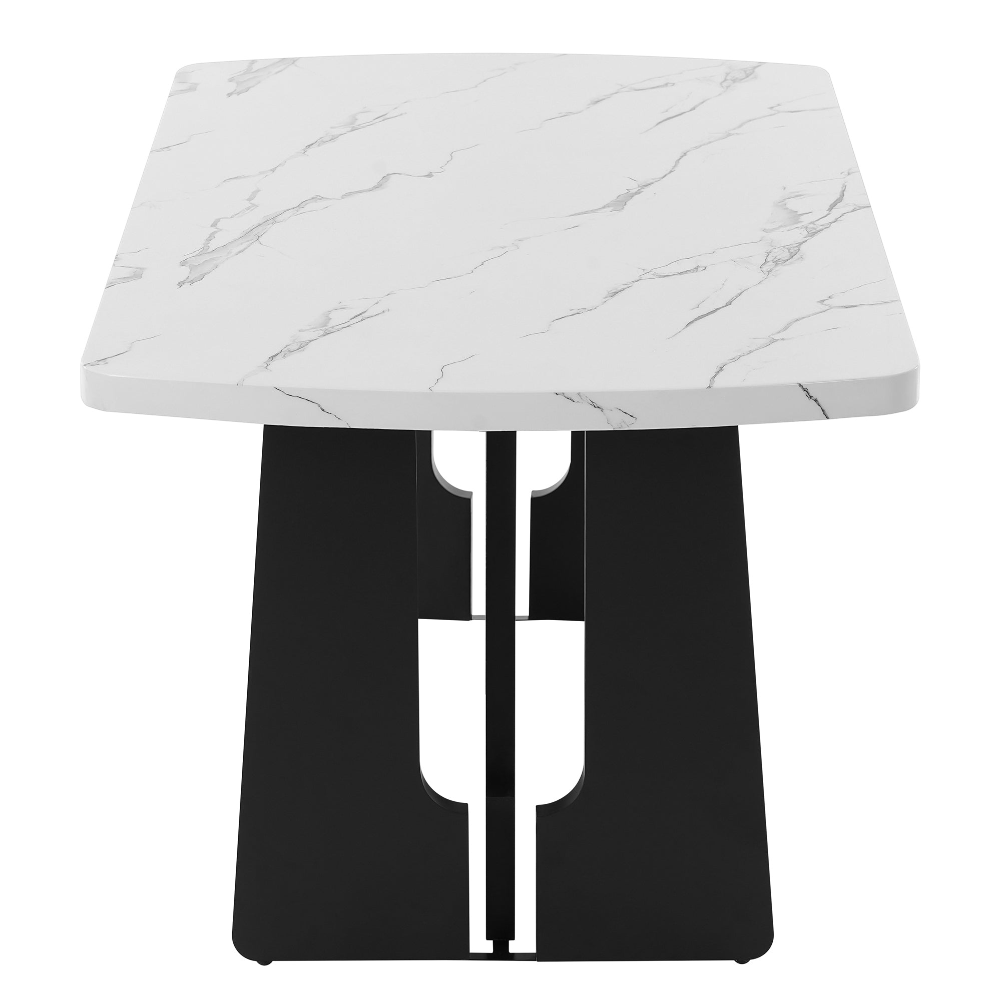 Close-up of the white faux marble tabletop edge and gray veining, white background