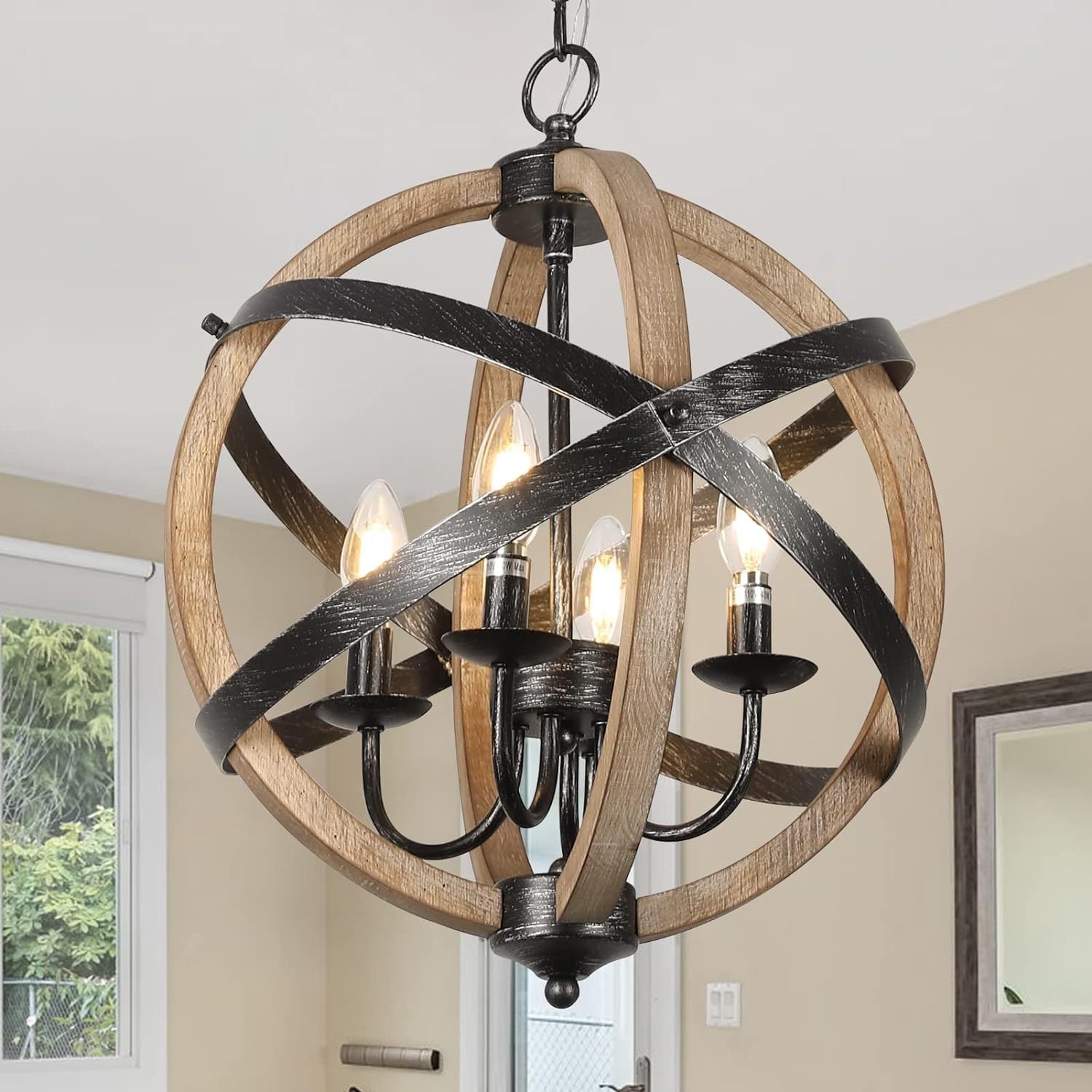 Chandelier with Adjustable Hanging Chain, 4-Light, Wood Finish