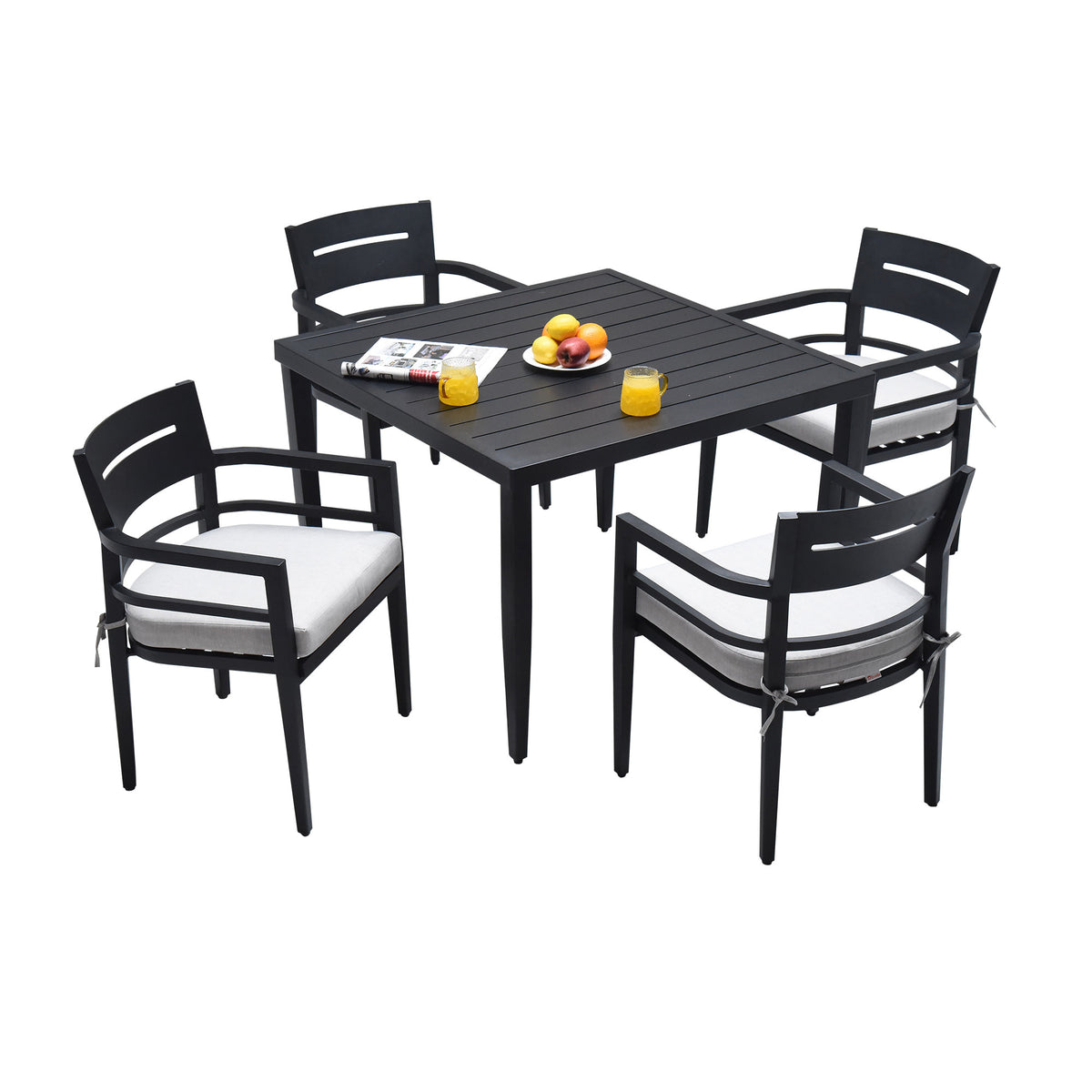 Black Aluminum 5-Piece Patio Dining Set for 4 with Cushions, Square