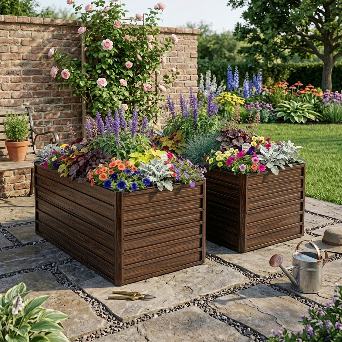 Walnut Finish Metal Raised Garden Bed, Set of 2