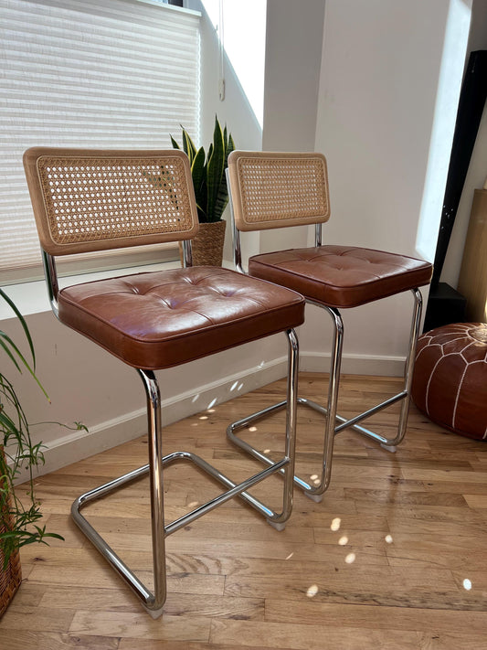 Rattan Counter Stools Set of 2 – Stainless Steel Legs & Brown Vegan Leather