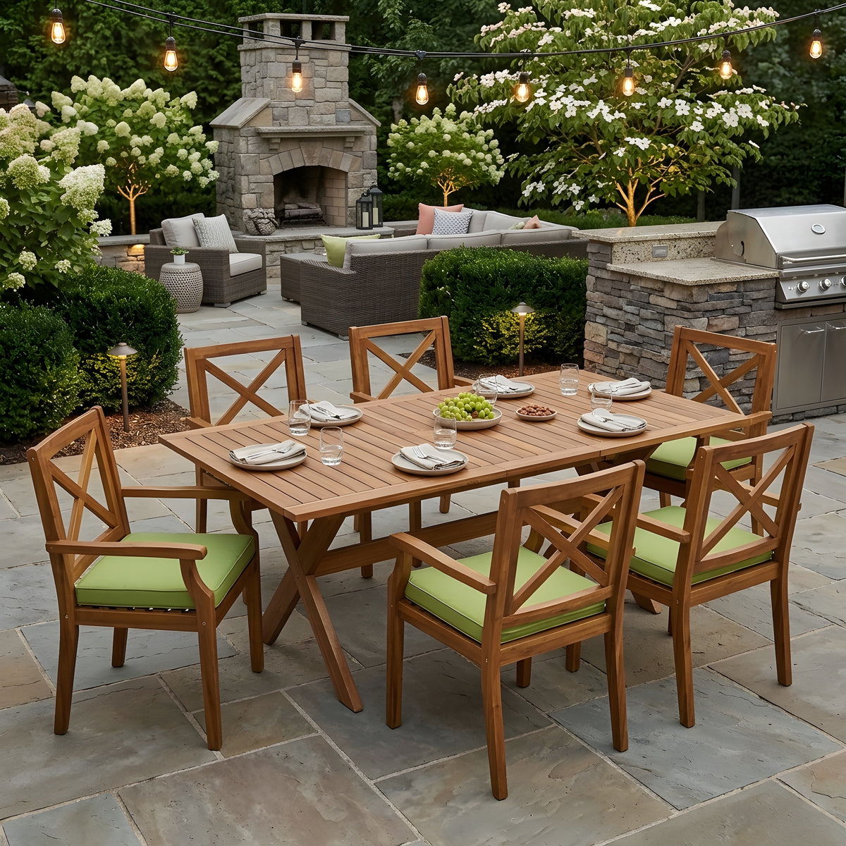 Teak Finish Solid Wood 7-Piece Patio Dining Set for 6 with Green Cushions