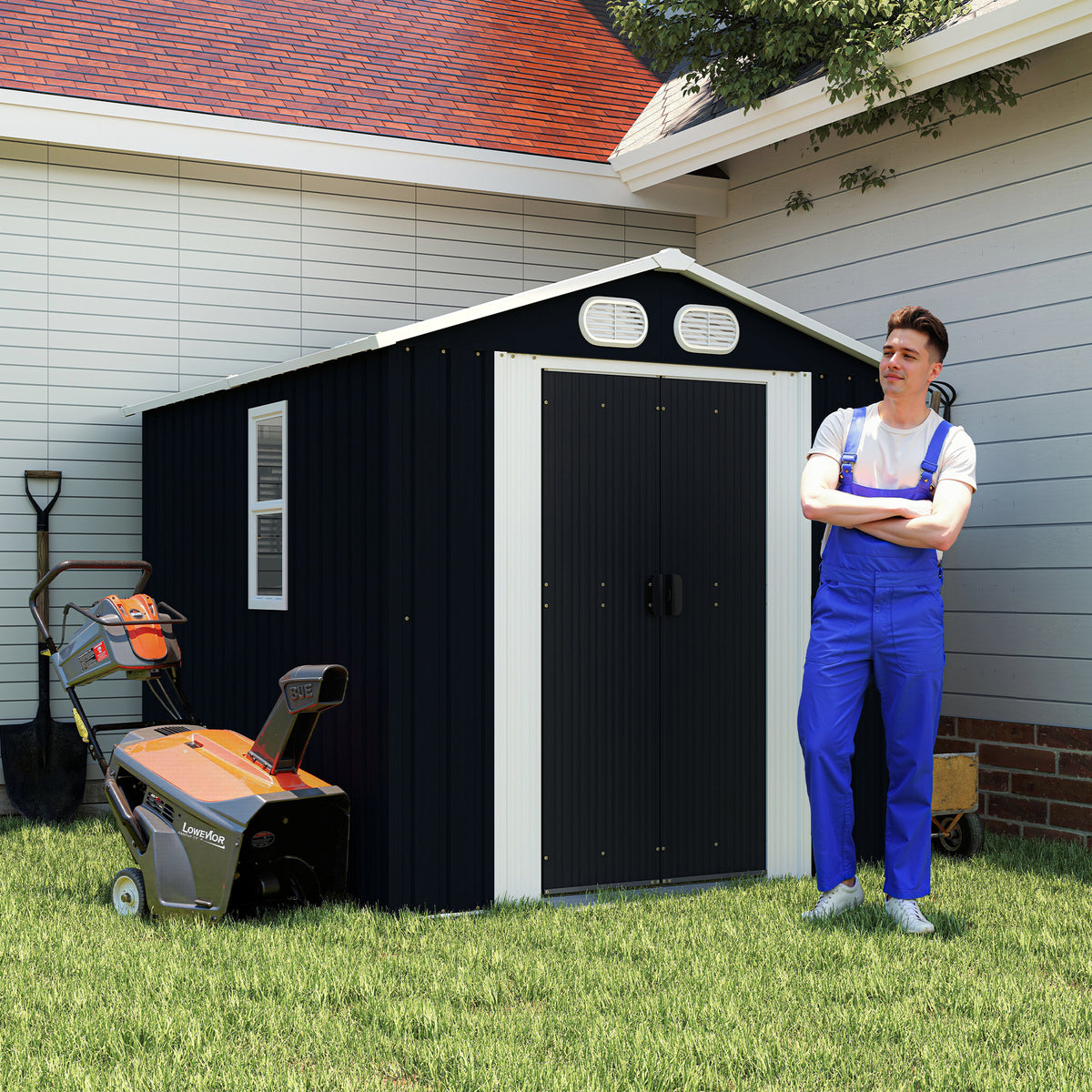 Dark Gray Metal Storage Shed with Lockable Doors, 5.6x7.3 ft