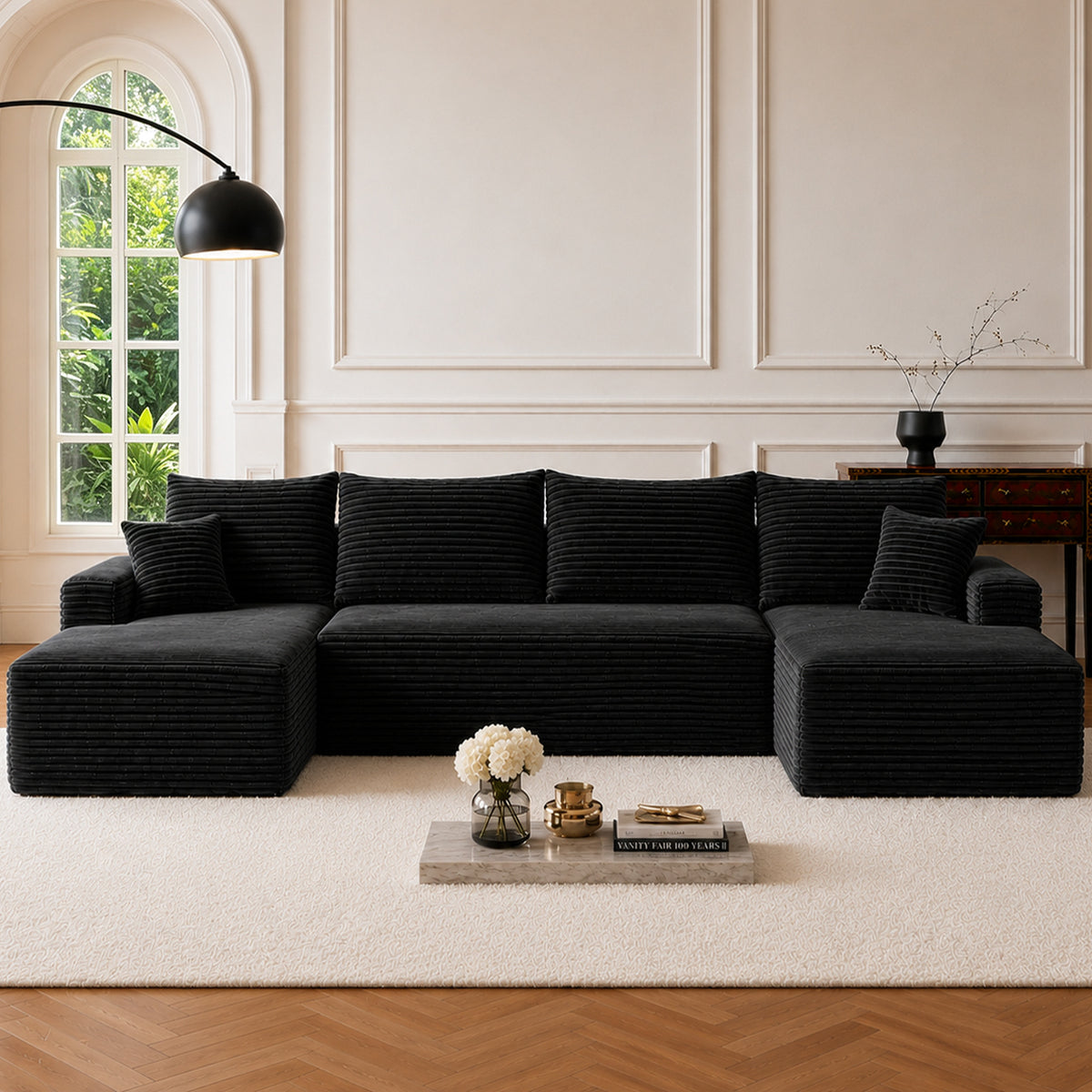 Black U-Shaped Modular Sectional with Chaise, 134 in Wide