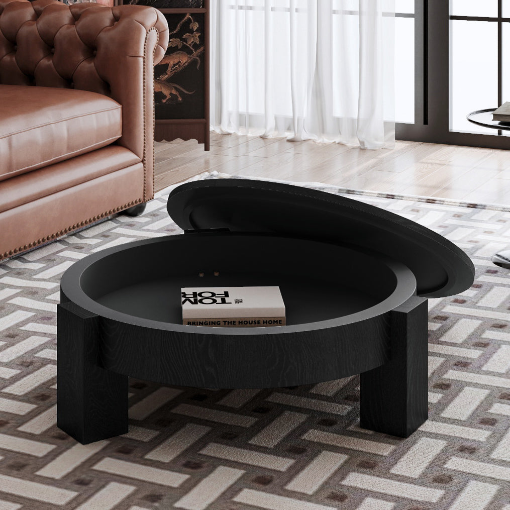 Black Round Coffee Table with Storage, 33.1 in