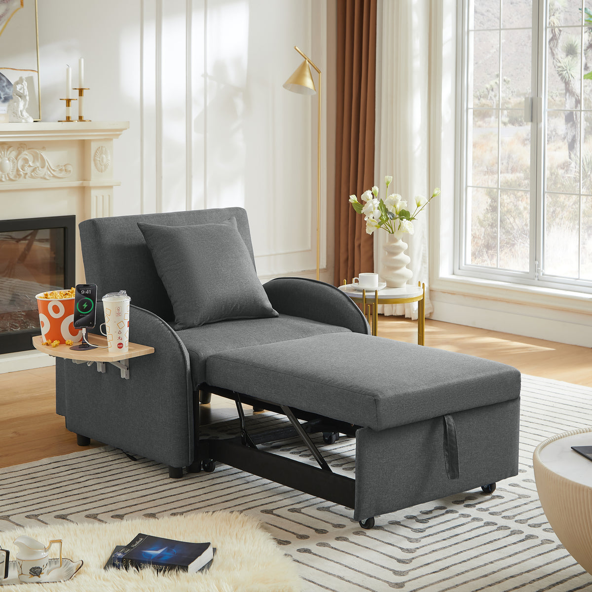 Dark Gray Linen Sleeper Chair, Reclining