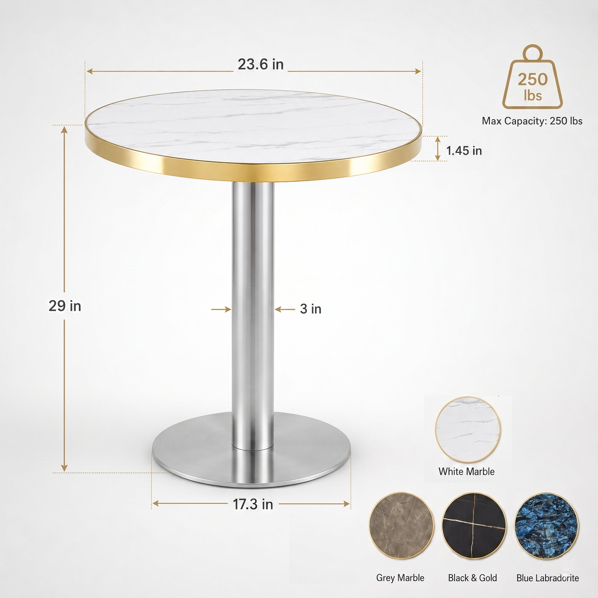 Dimension diagram of the bistro table, 23.6 inch top, 29 inch height, with four marble colorway swatches