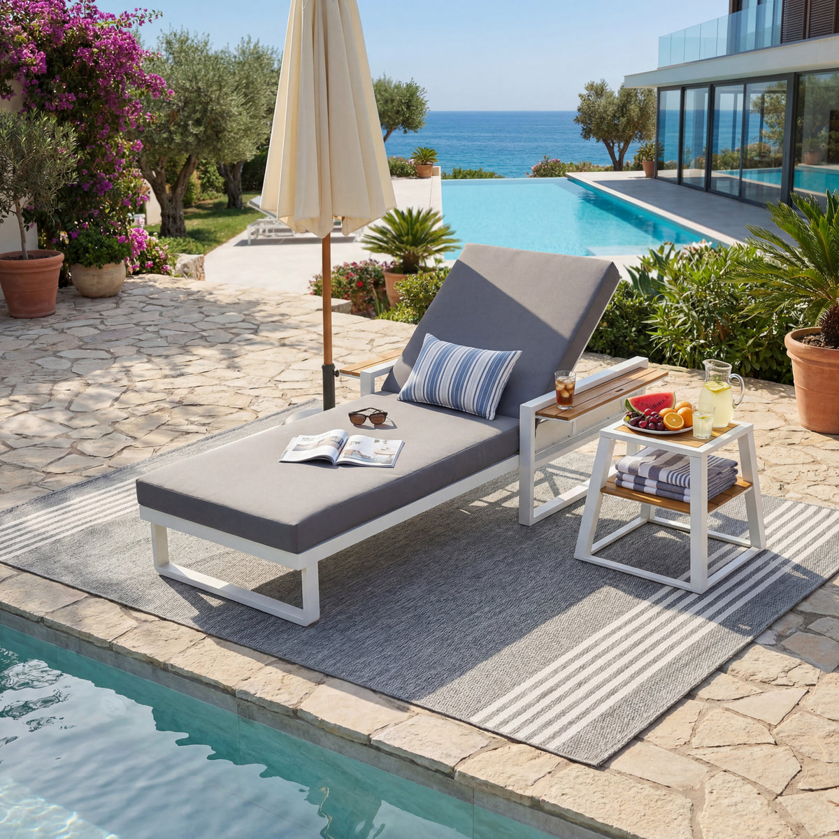 Teak Finish Metal Adjustable Outdoor Chaise Lounge, Dark Gray Cushion
