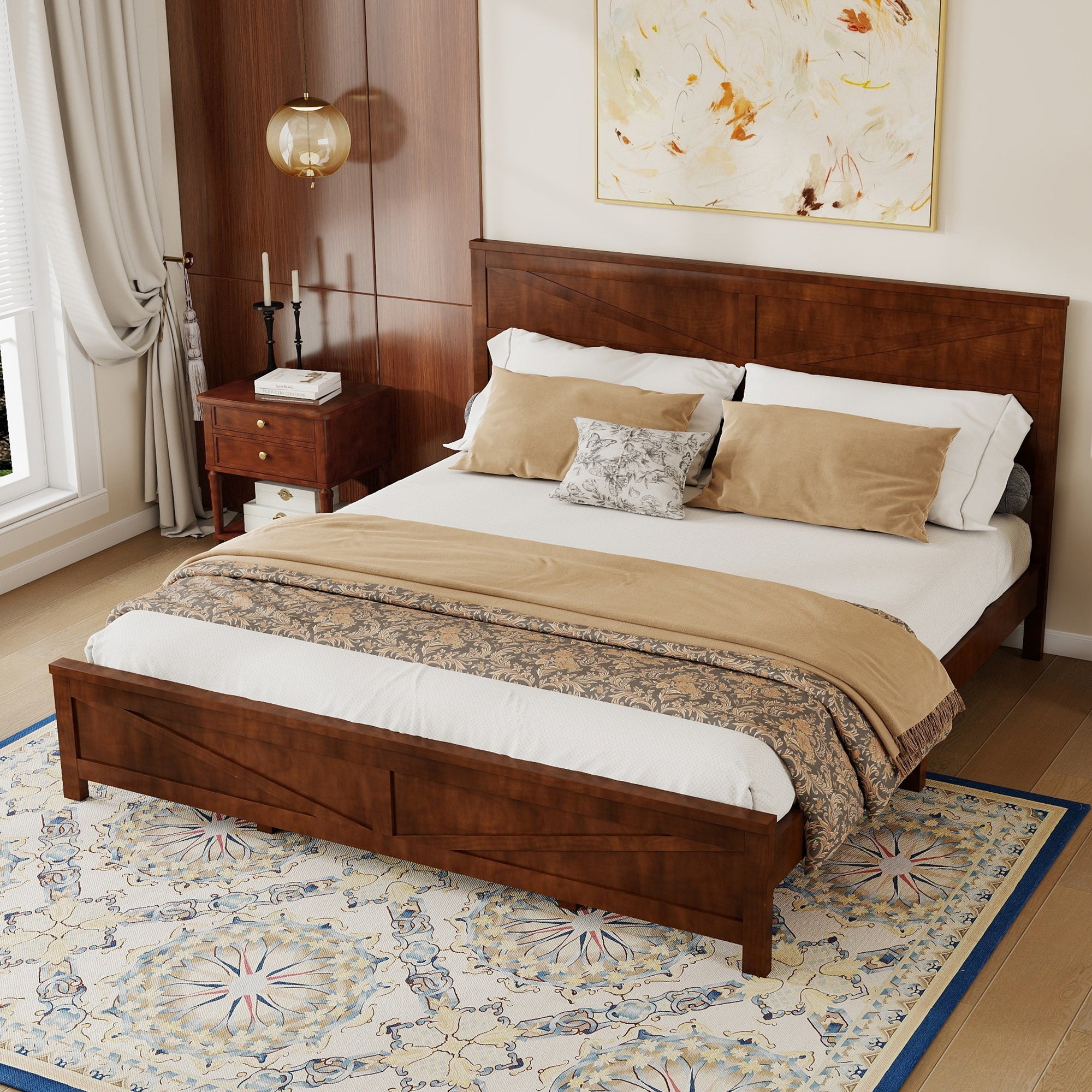 Farmhouse walnut king bed frame with barn-door footboard close-up