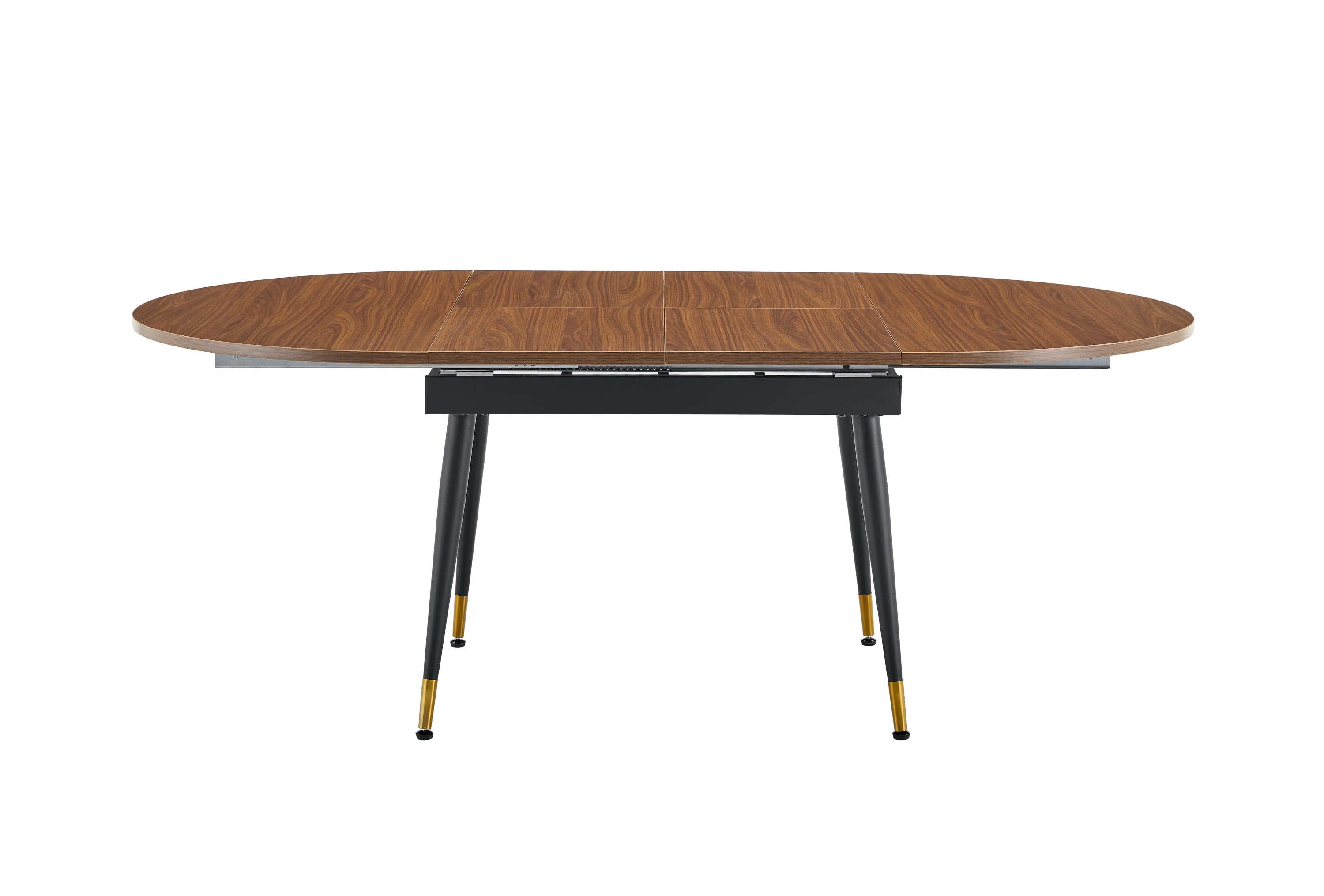 Overhead studio view of the walnut oval extended tabletop showing wood grain