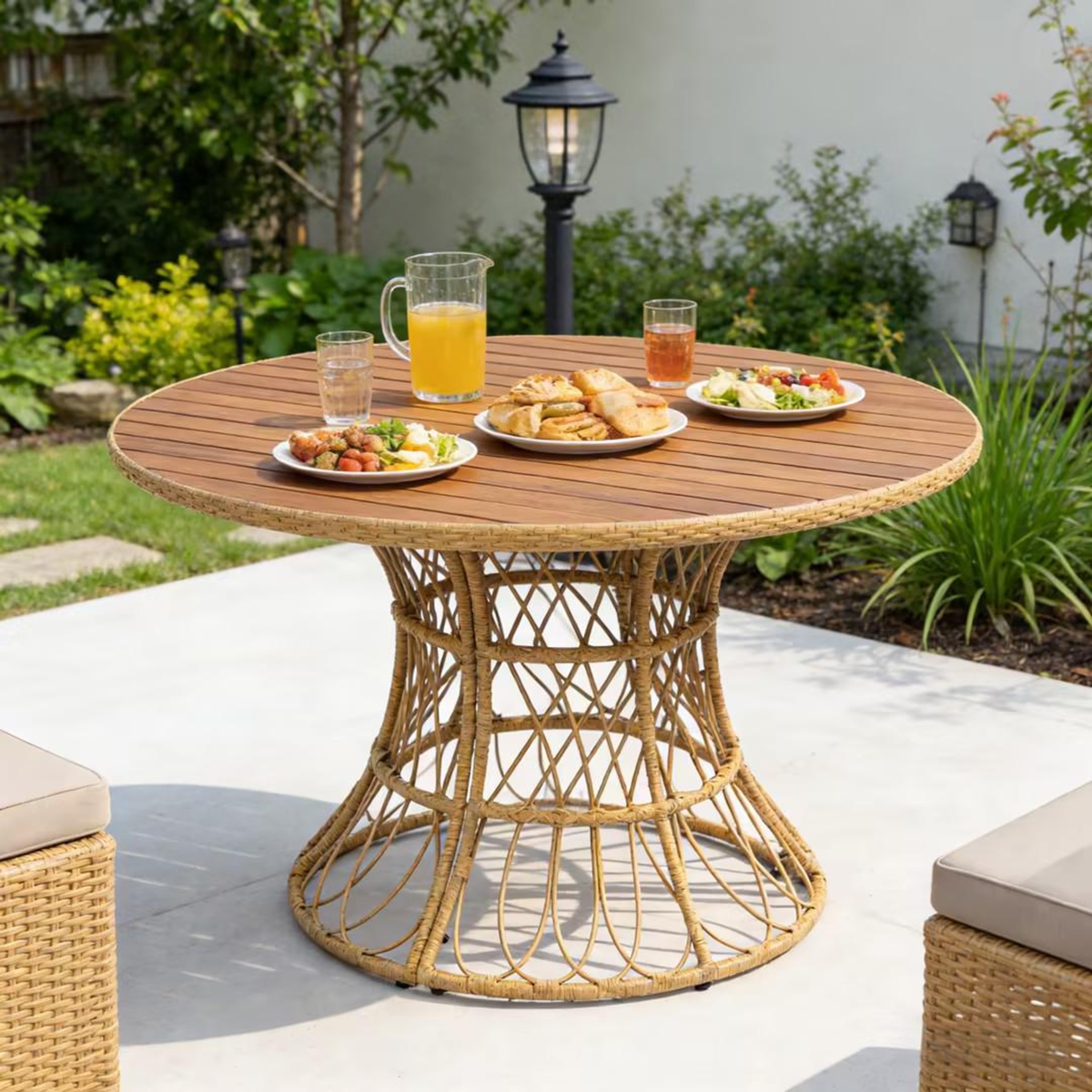 Teak Finish Round Outdoor Dining Table, 47.2 in Wide