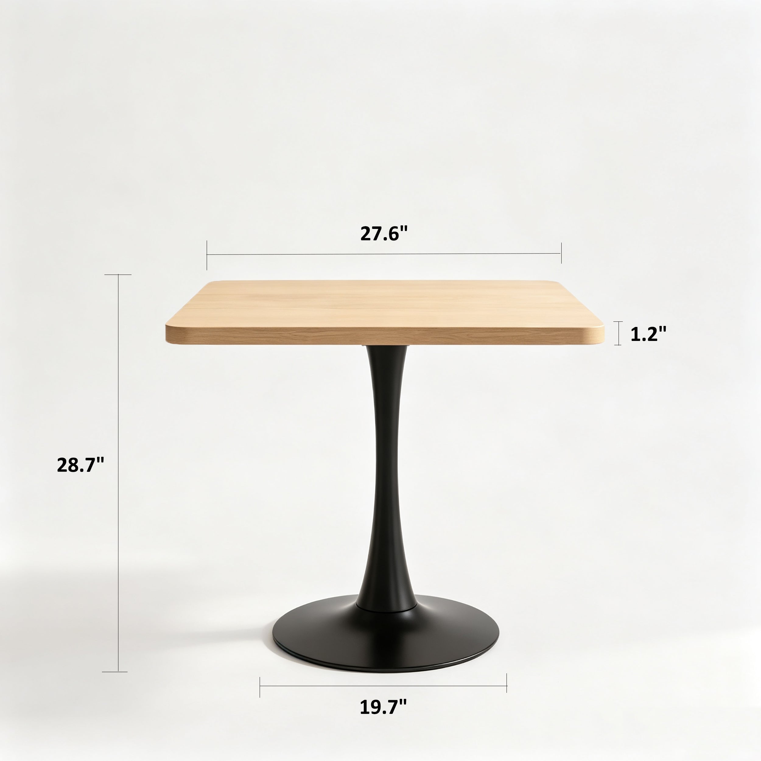 Front dimension diagram of the natural square tulip dining table showing 27.6 inch width, 1.2 inch top, 28.7 inch height