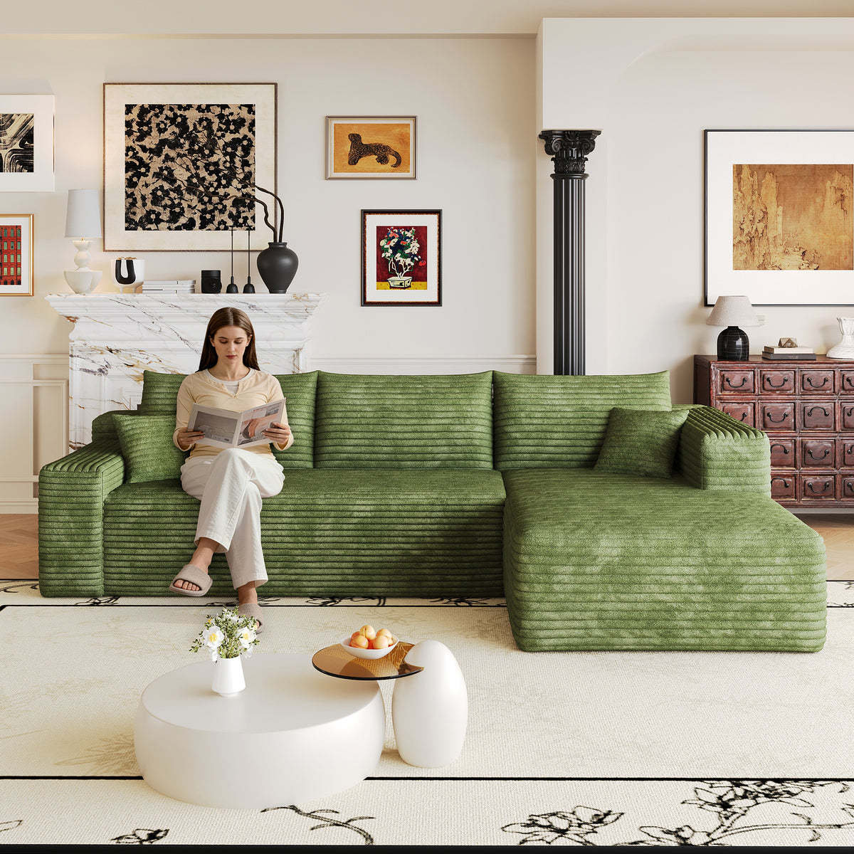 Green Corduroy L-Shaped Sectional, 103.2 in Wide, Right-Facing
