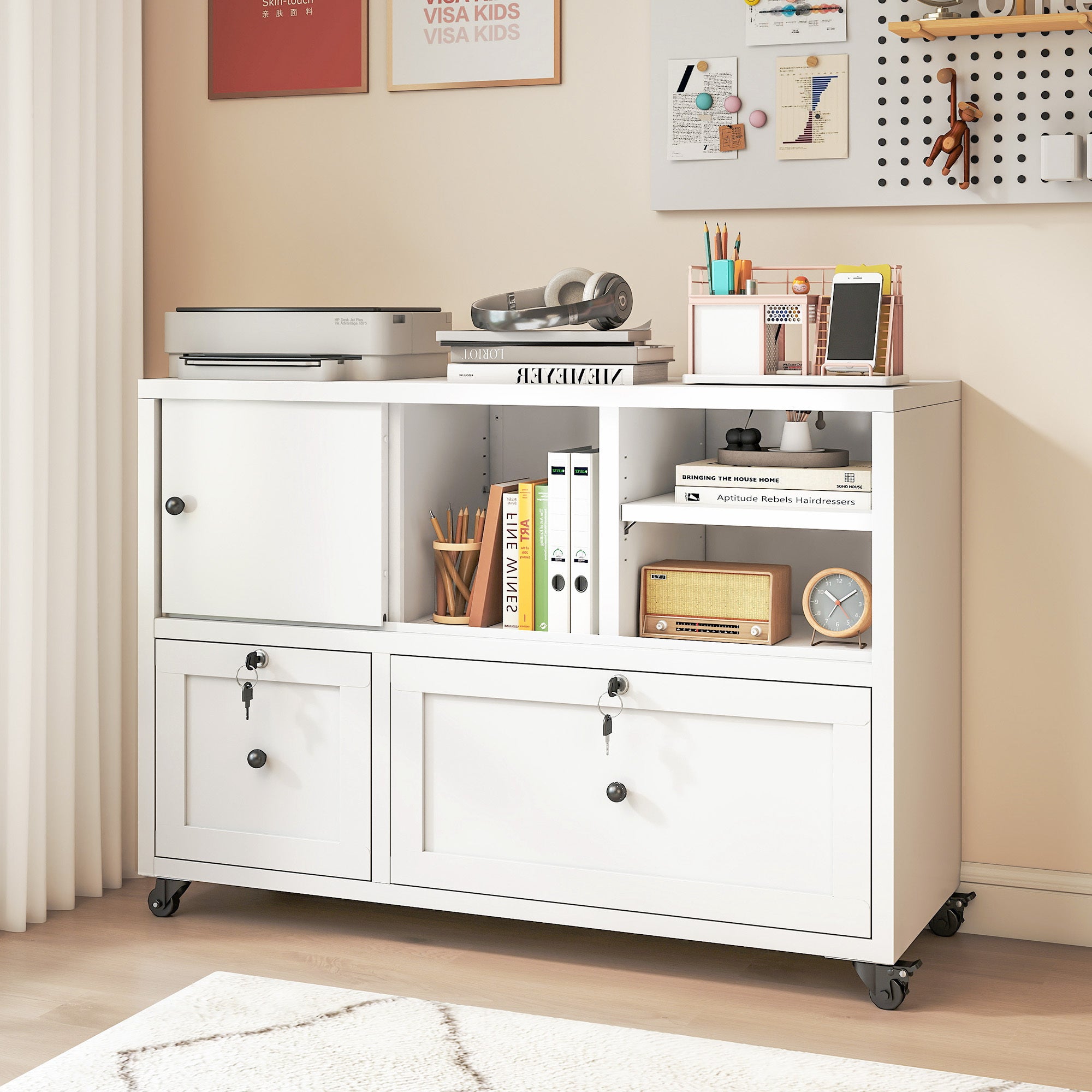 Lateral Rolling File Cabinet with Drawers and Lock, 39.3 in, White
