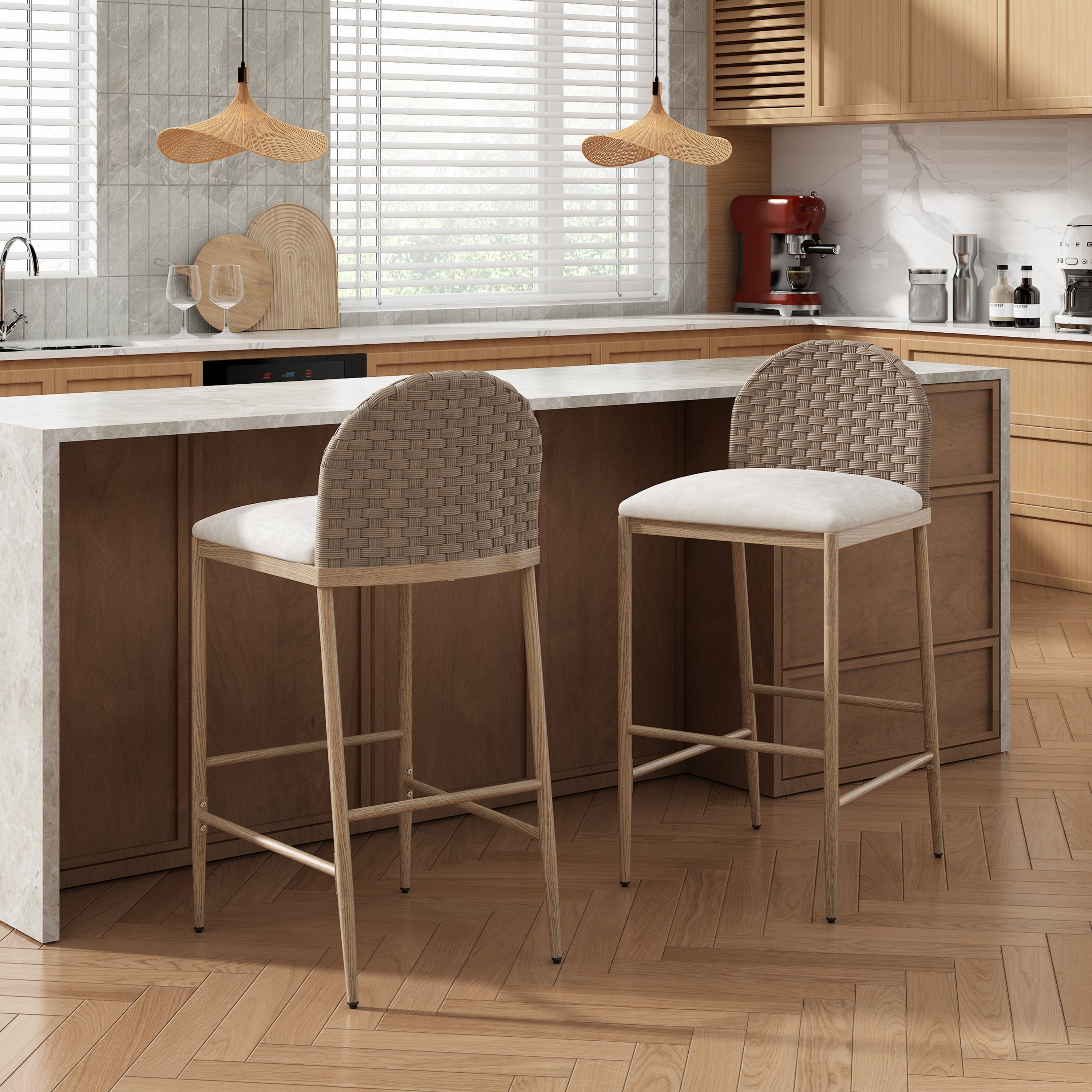 Bar Stool Set of 2, Farmhouse Woven Back, Cream and Brown
