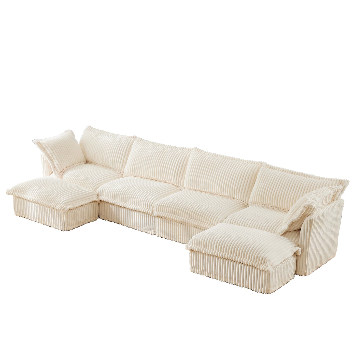 Angled studio shot of a fluffy cream corduroy sectional sofa with two ottomans — showcasing its ribbed chenille texture, deep modular seating, and machine washable slipcovers for a soft, pet-friendly, and versatile setup.