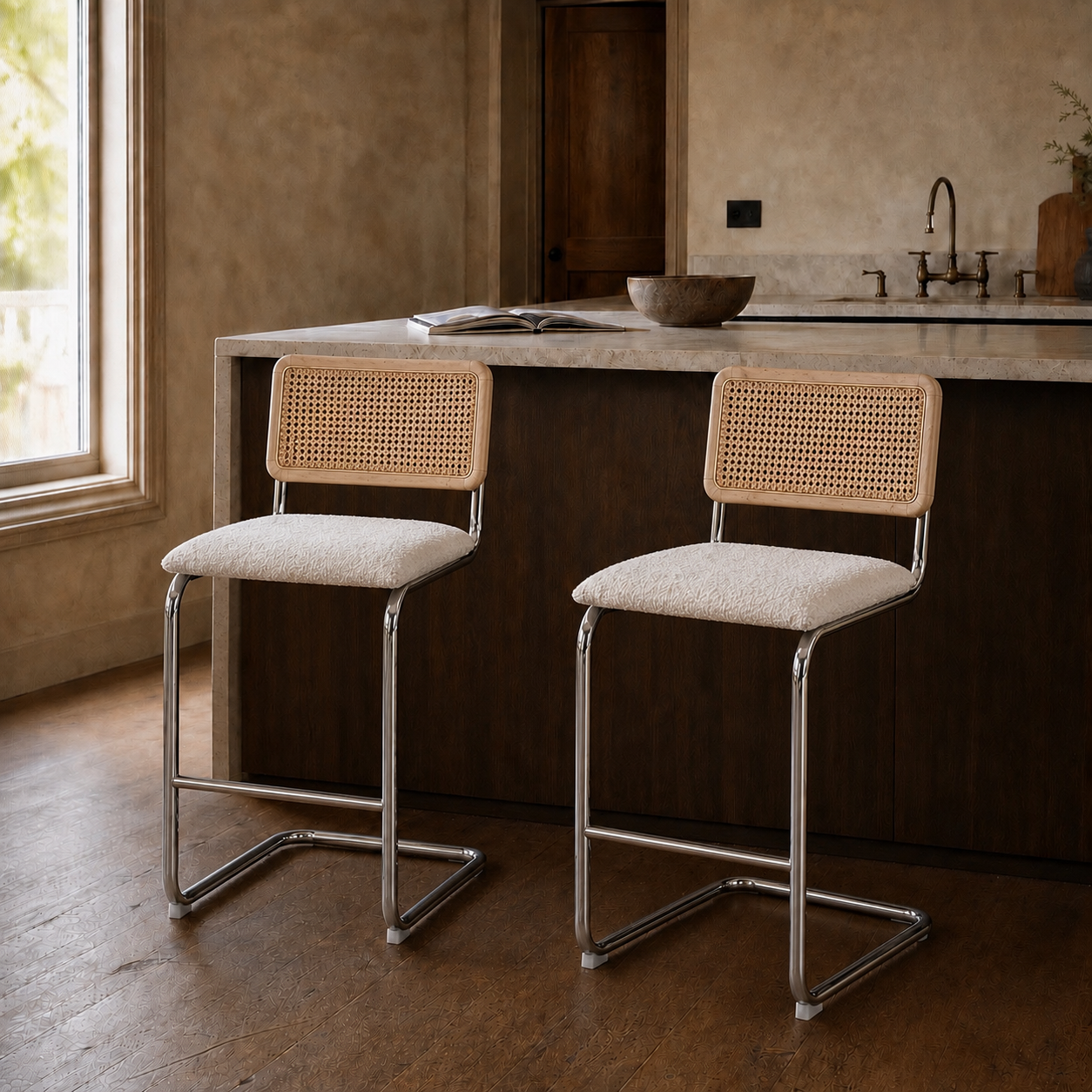 Midcentury Modern Counter Stools Set of 2 – Rattan & Stainless Steel