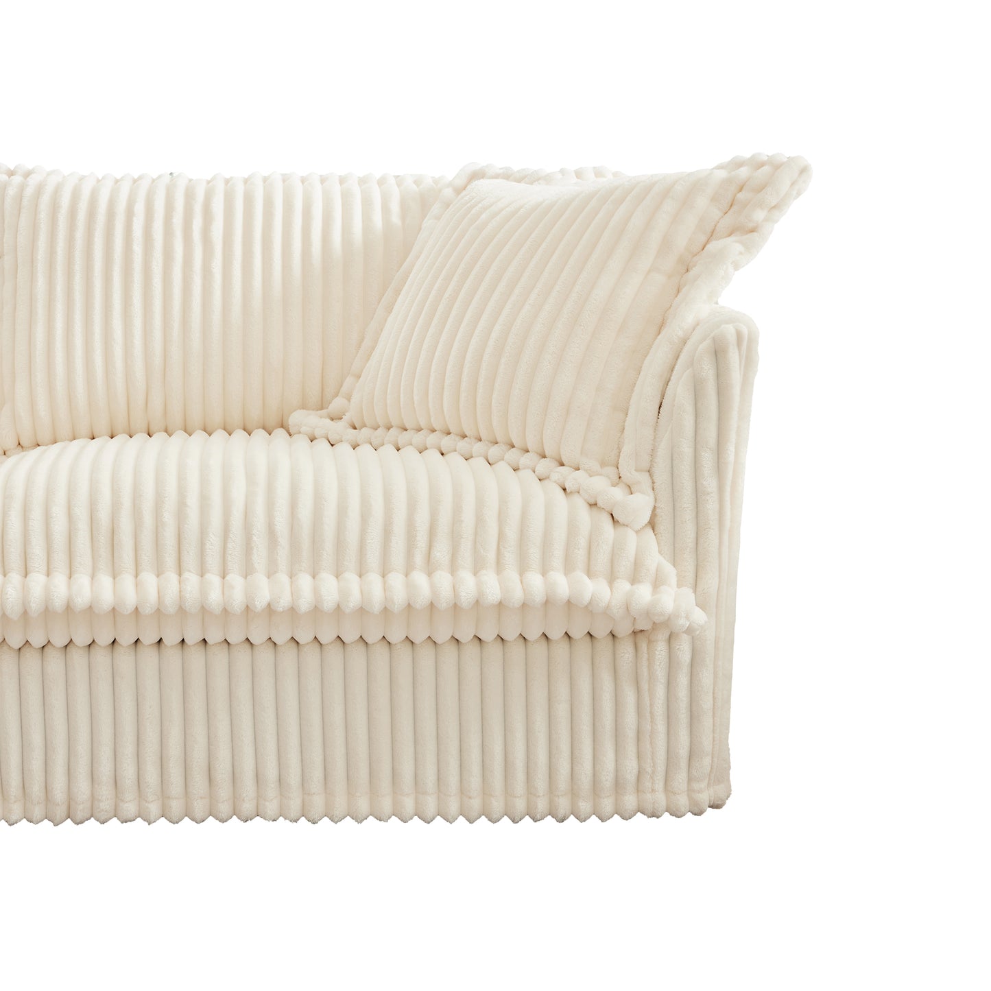 End view of fluffy cream 4-seat corduroy sectional with ottoman, showcasing cozy pillow, ribbed texture, and plush armrest design.