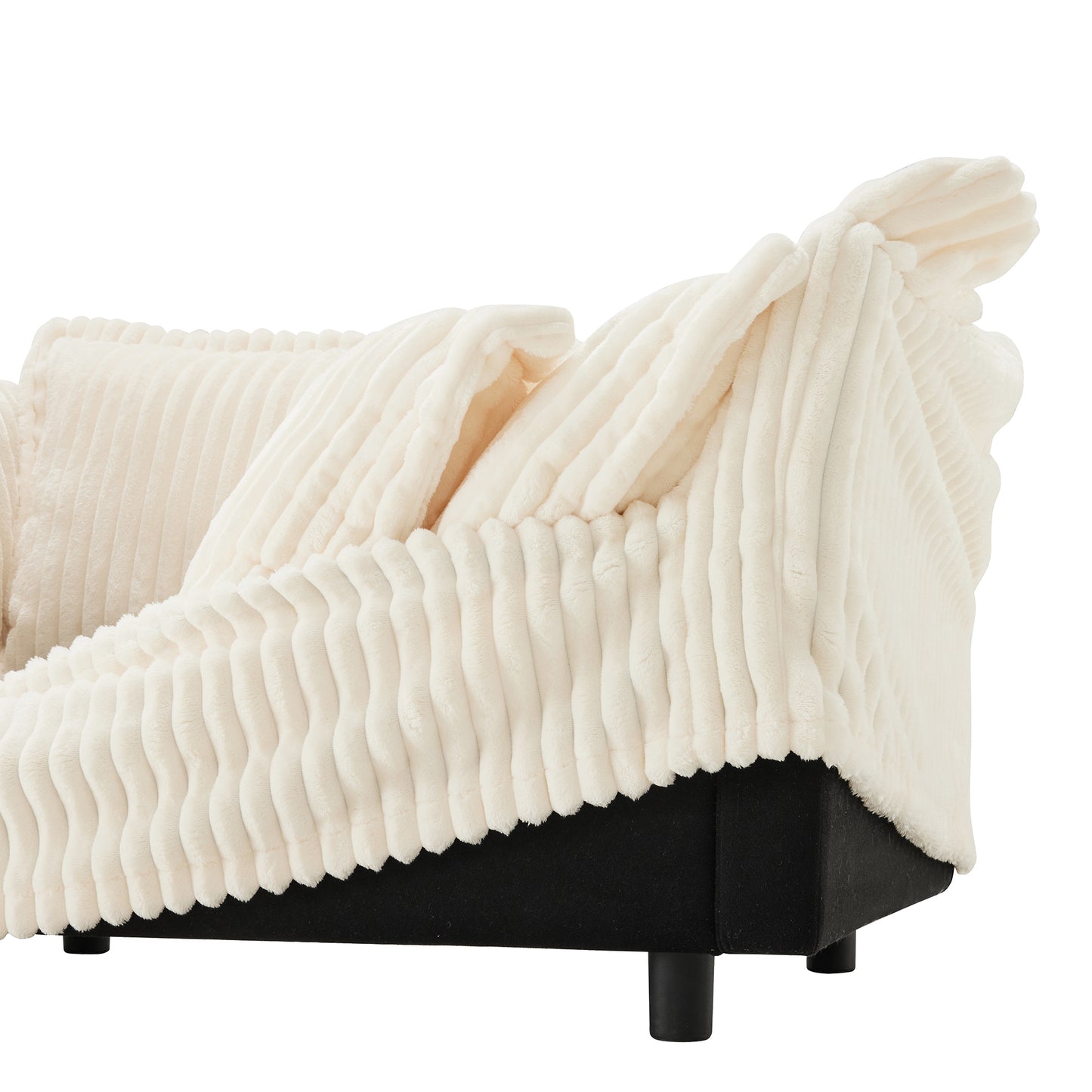 Detail view of a fluffy cream corduroy sectional sofa showing a cushion cover being removed — emphasizing the machine washable, pet-friendly slipcovers that make this modular couch easy to clean and maintain.